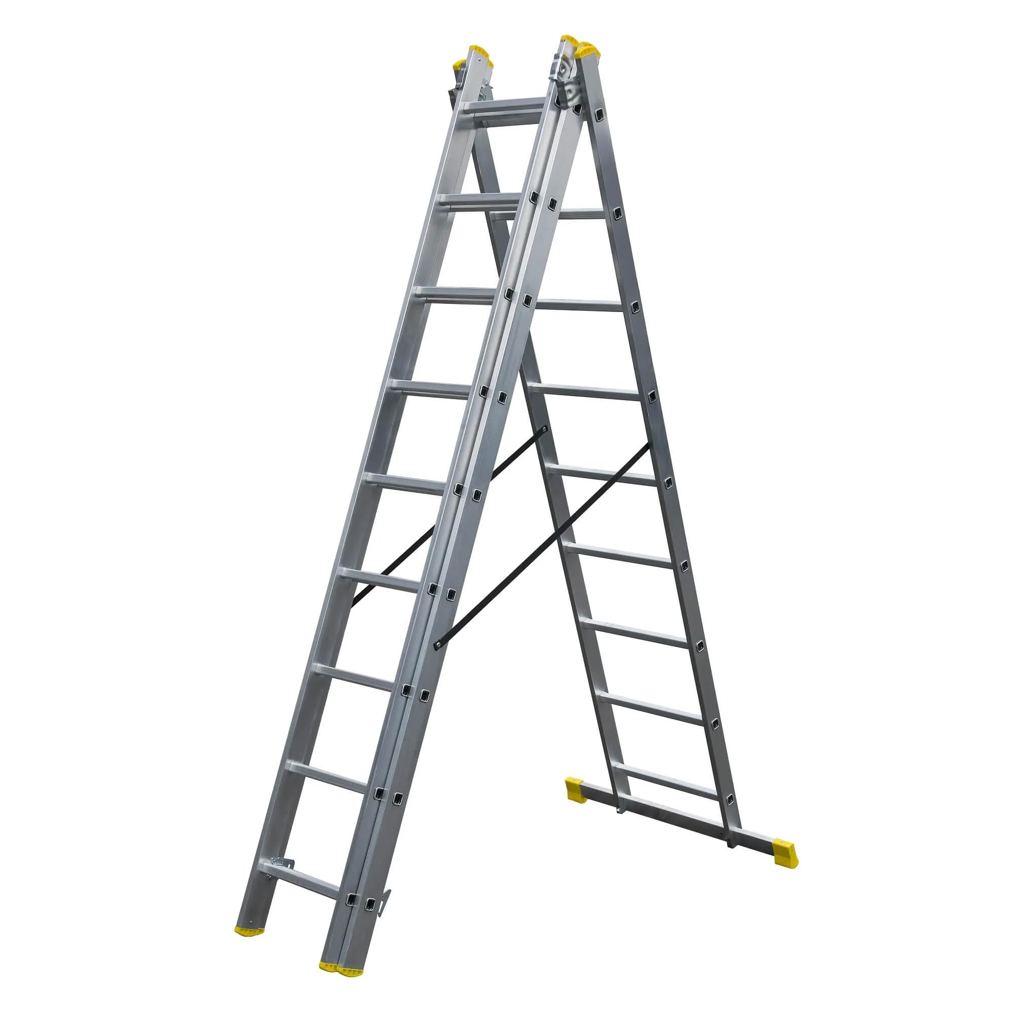 Bayersystem BS-DW 3x9 Mehrzweckleiter, 3x9 Sprossen, 3-teilige Alu-Kombileiter, bis 150 kg belastbar, max. Arbeitshöhe 6,01 m, Klappleiter, Multifunktionsleiter, Stehleiter, Silber/Gelb