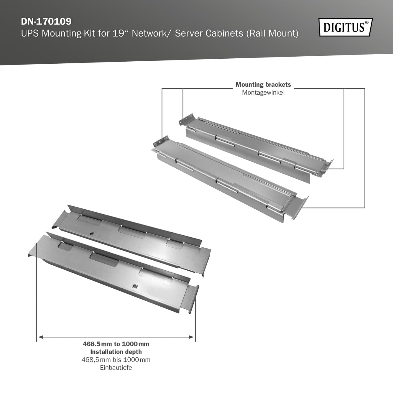 DIGITUS Kit de Montaje UPS para Racks de 19" – para armarios de Red y servidores DIGITUS de 19" – Compatible con Sistemas UPS Online – Profundidad Variable de 468,5 a 1000 mm | Profundidad variable de 468,5 a 1000 mm – Para alimentación ininterrumpida de
