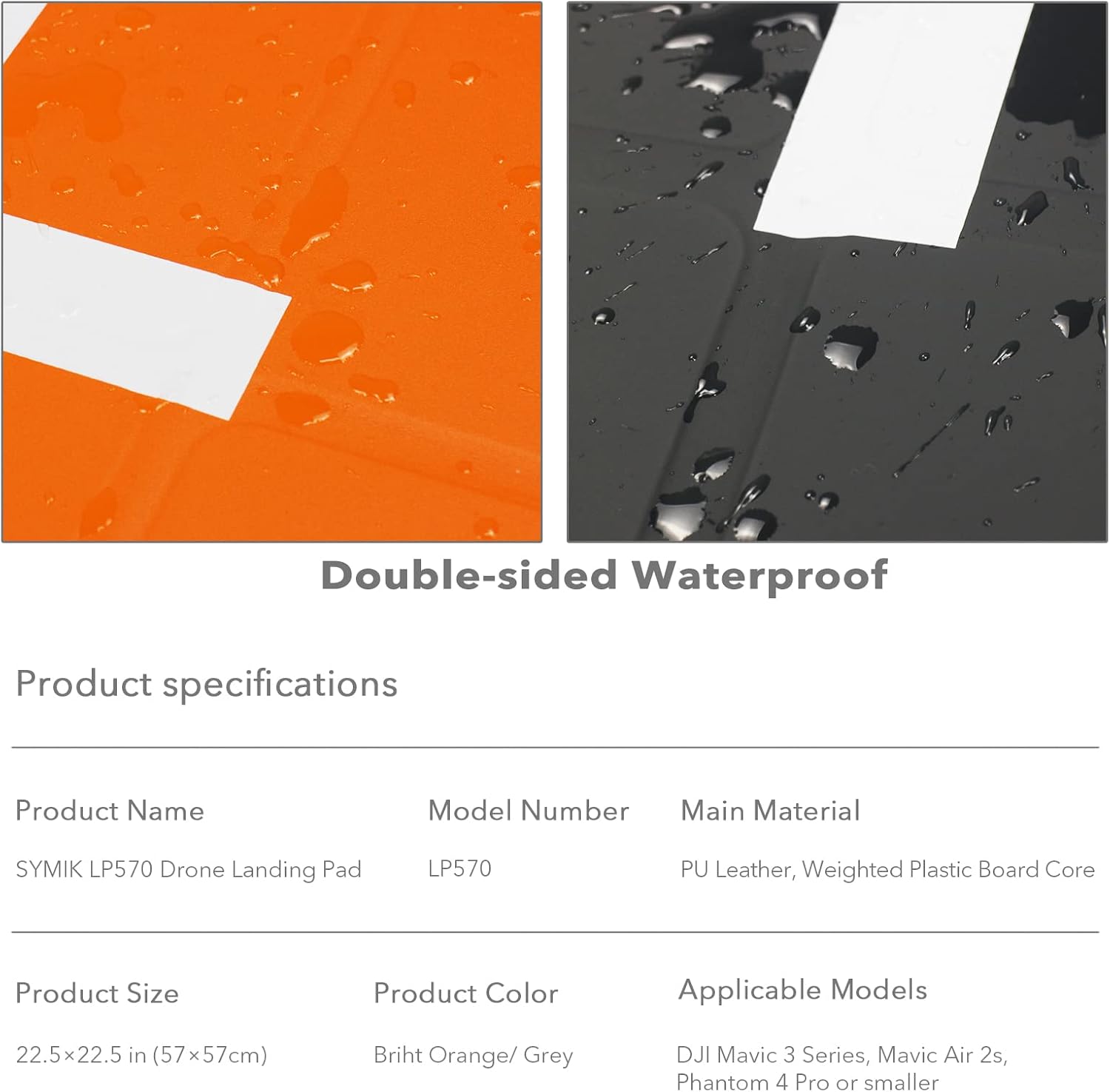 Close-up image showing water droplets on the waterproof surface of the SYMIK LP570 landing pad.