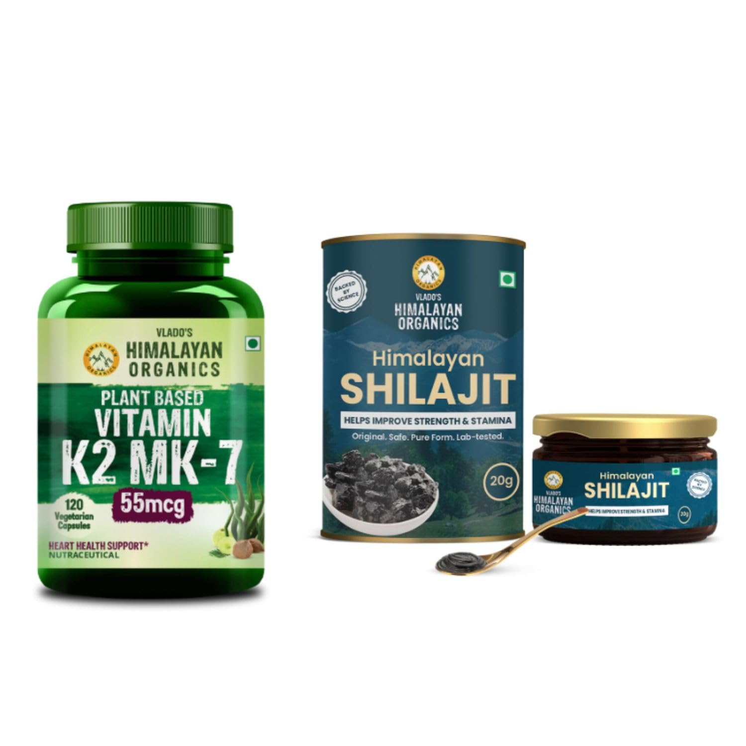 Vlado's Himalayan Organics Plant-Based Vitamin K2 MK-7 55mcg + 100% Pure Himalayan Shilajit Resin | Bone, Heart, Energy & Daily Vitality Support | Herbal Wellness Combo-image-11