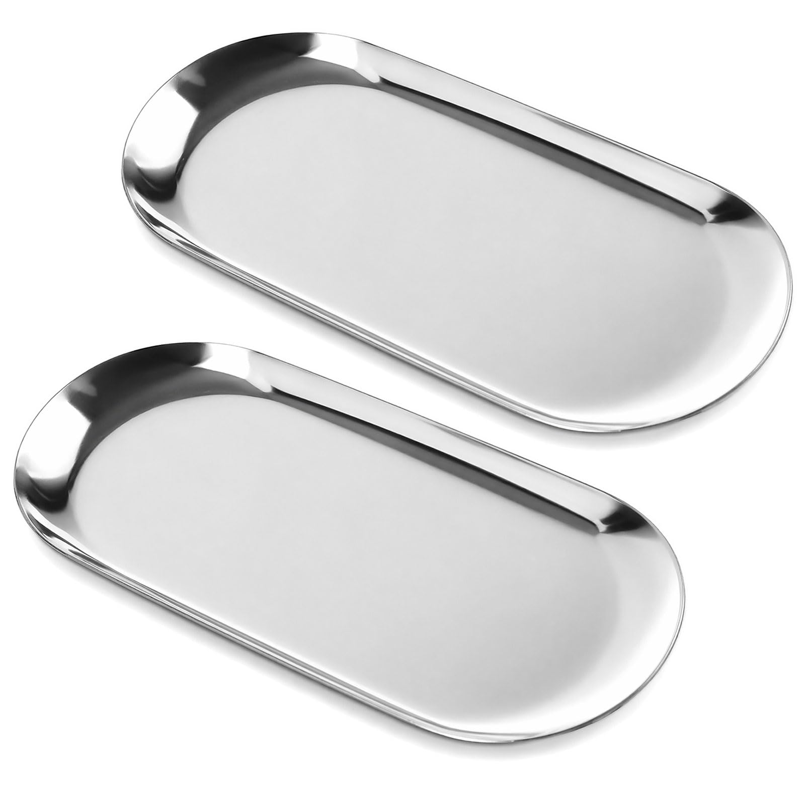 2 Pcs Silver Decorative Trays - Small Stainless Steel Oval Trinket Trays, Rust Resistant Serving Silver Trays for Jewellery Candle, Key Storage, Cosmetics Dish for Bedroom Bathroom Coffee Table