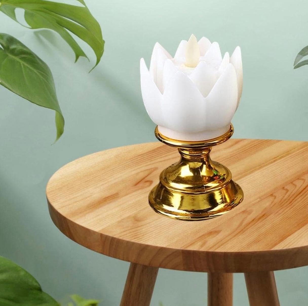 Lotus Flower LED Lamp, Battery Operated, Gold Base, Buddhist Altar Light, Diwali Decorative Diyas, Battery Included, White and Green Diya, Set of 2-image-10