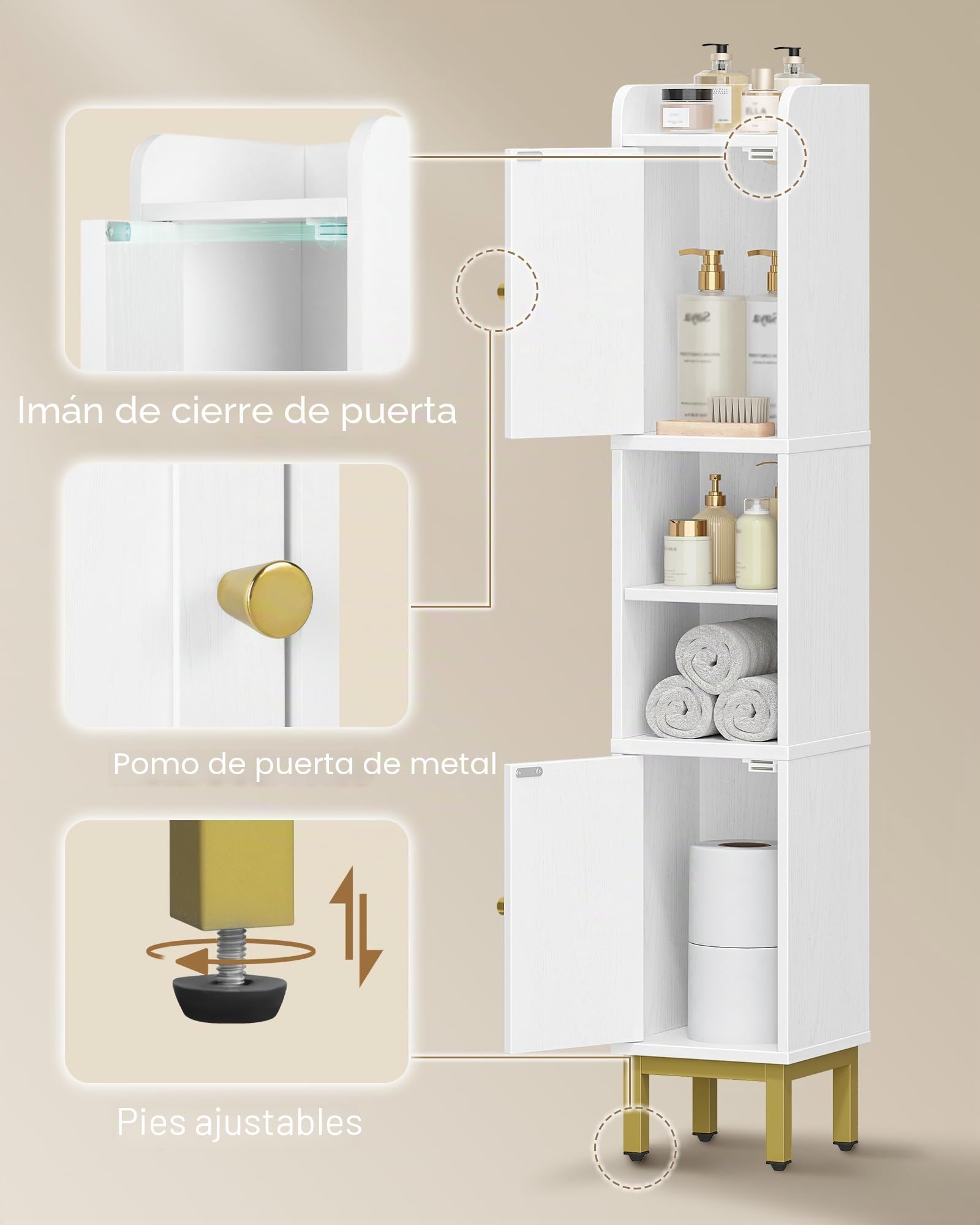 Hzuaneri Armario Alto de Baño, Mueble de baño Estrecho con 2 Puertas, Mueble de almacenaje diáfano con estantes Regulables, Adecuado para pequeños lavaderos, cocinas y Salones, Blanco BC22413G