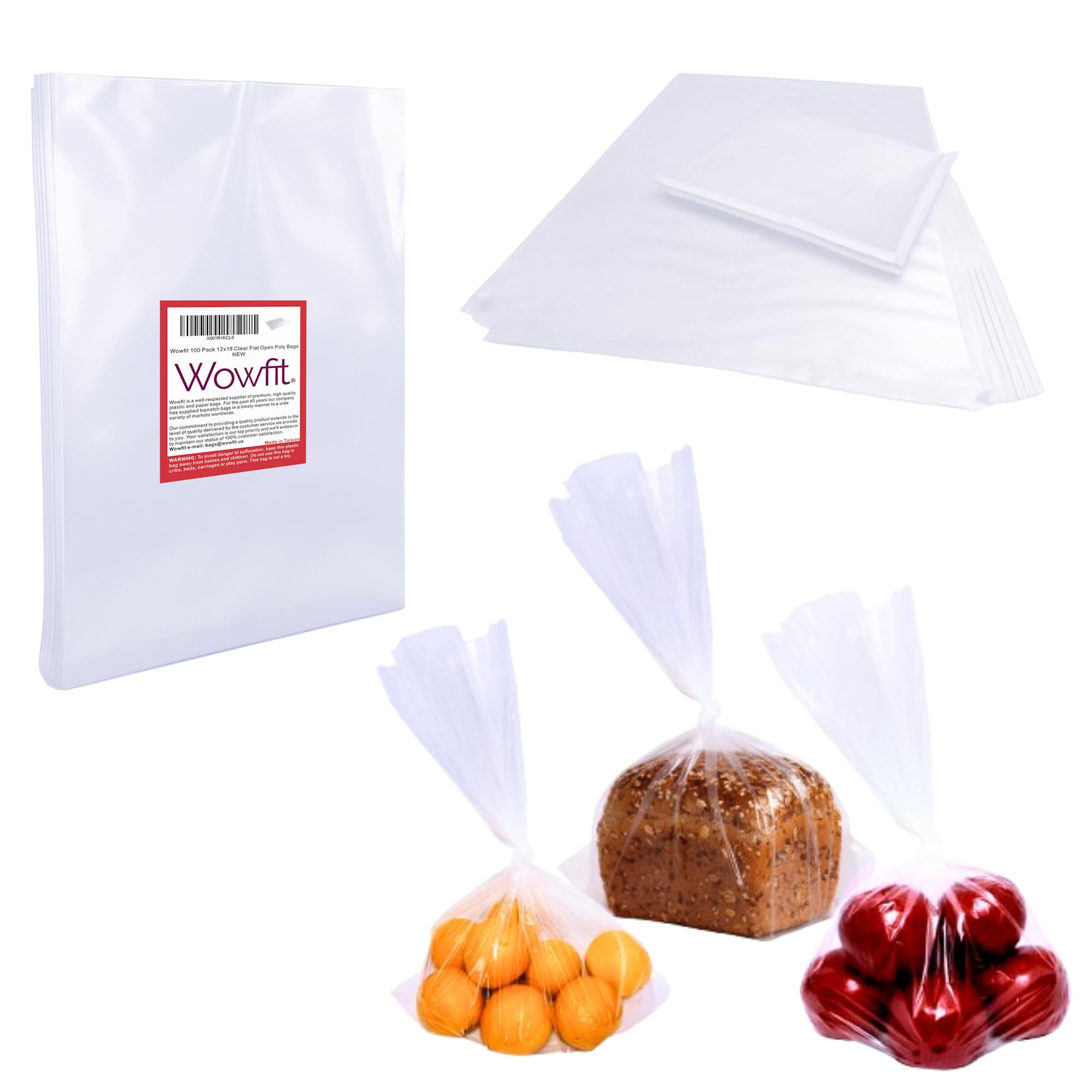 Wowfit 100 CT 12x18 inches 1 Mil Clear Plastic Flat Open Poly Bags Great for Proving Bread, Dough, Storage, Packaging and More (12 x 18 inches)