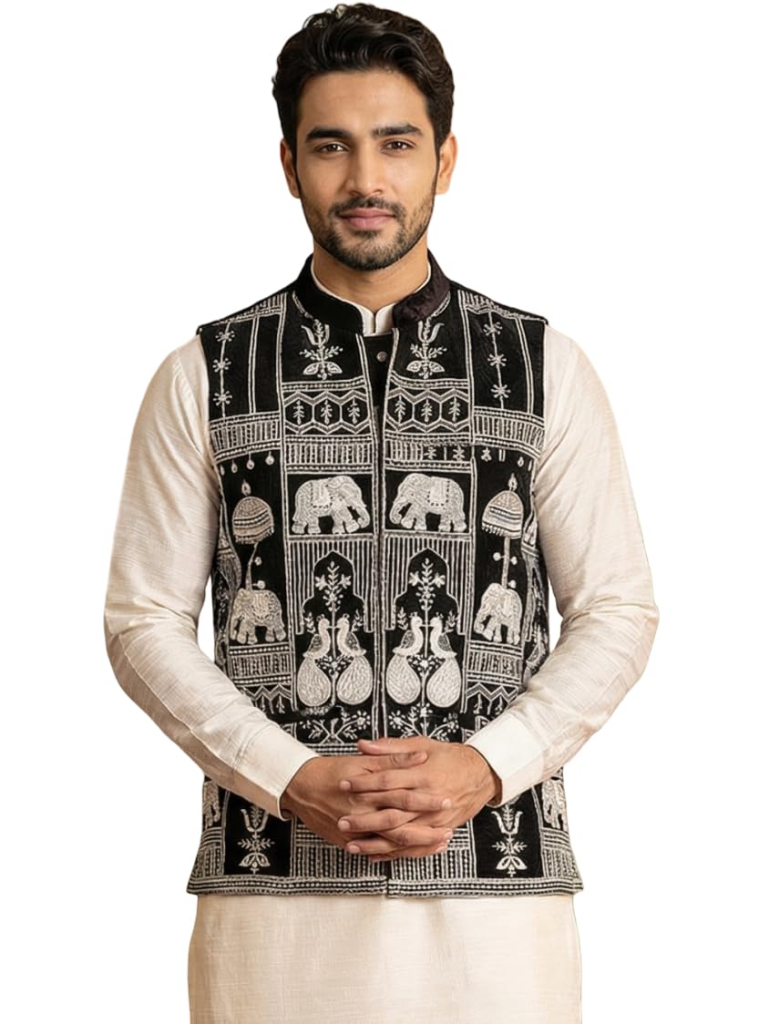 Navy Blue Embroidered Velvet Nehru Jacket for Men-image-24