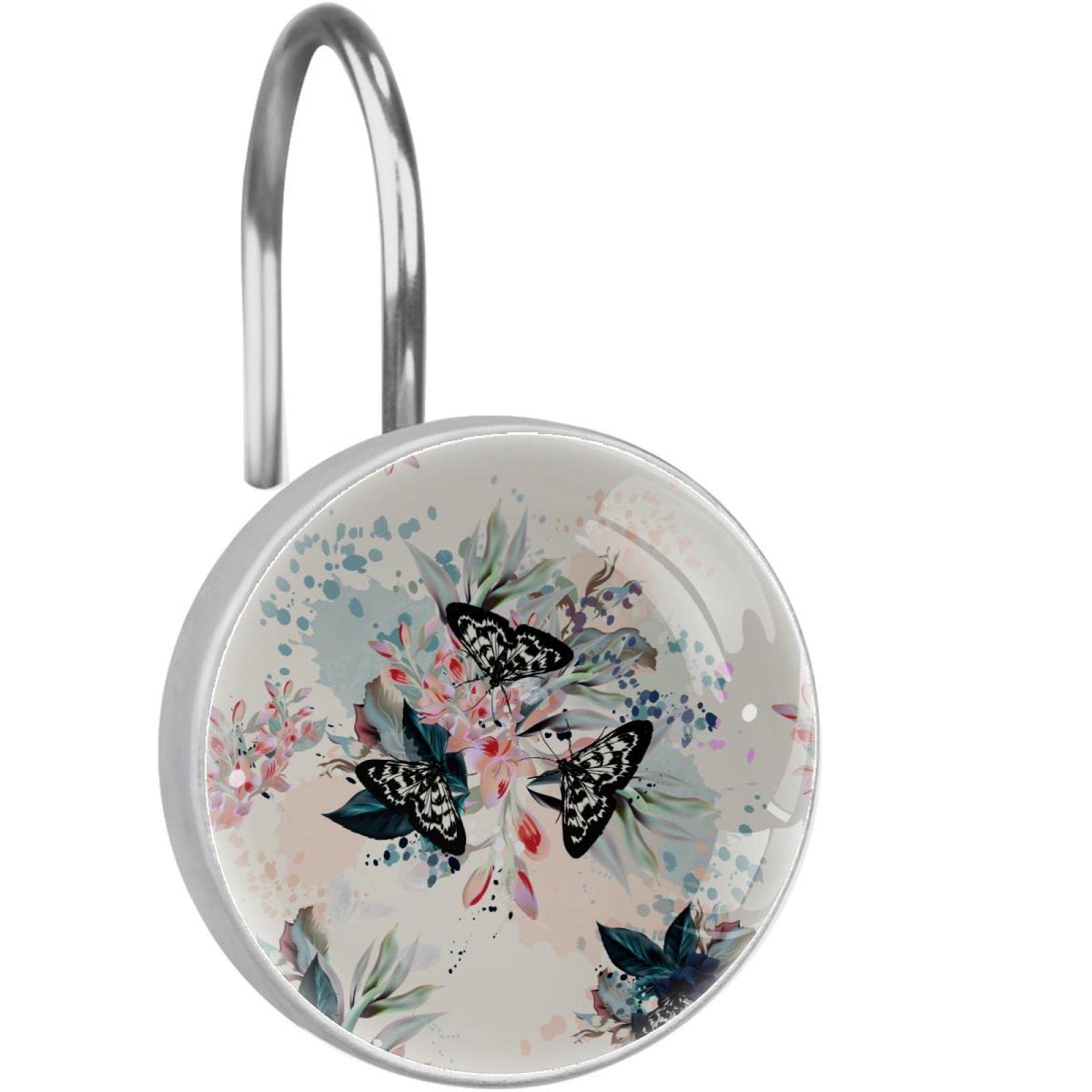 Crochets pour rideau de douche en acier inoxydable lot de 12 avec motifs papillon floral retro