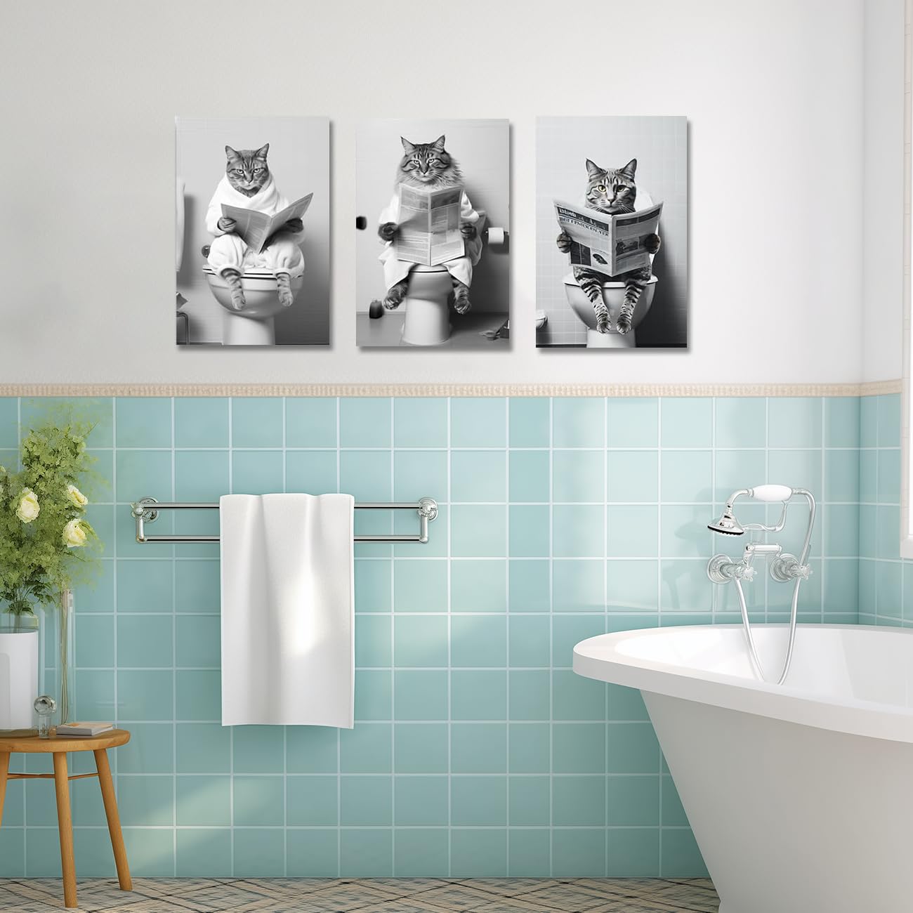 CXHOSTENT 3 Piece Animal Cat Sitting on Toilet Reading Newspaper Canvas Prints - Image 4