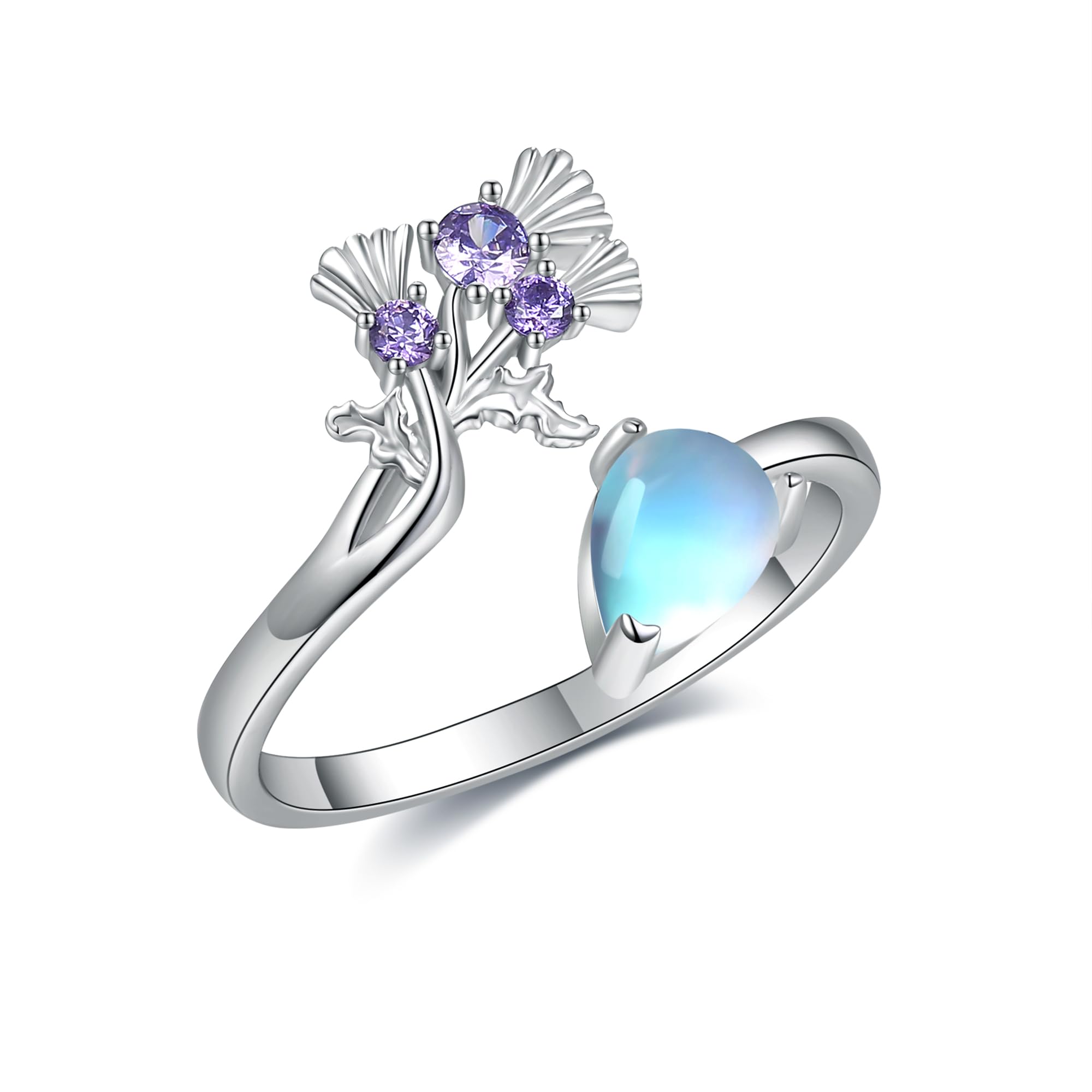 Schottische Distel Ringe 925 Sterling Silber Mondstein Distel Verstellbare Ringe Schottland Muttertag Schmuck Weihnachten Geschenk für Damen Frauen
