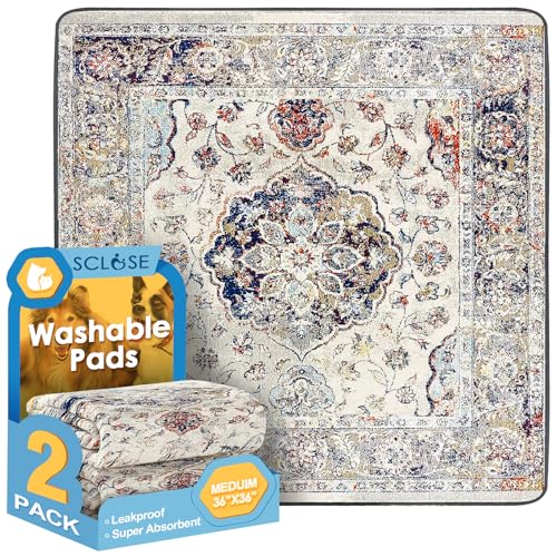 SCLOSE Washable Pee Pad for Dogs 2 Pack, 36" x 36" Reusable Puppy Pads Waterproof Dog Rugs, Super Absorbent, Leakproof, Dog Crate Pad, Playpen Mat, Whelping Pads, Vintage Medallion