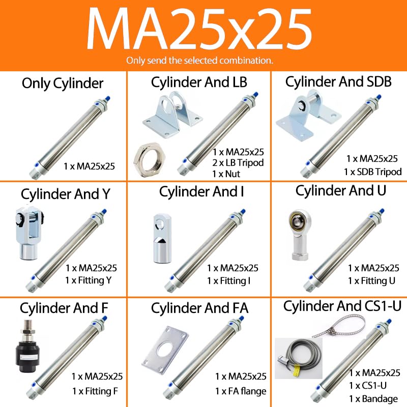 Vérin pneumatique MA25X25 à double effet en acier inoxydable avec fixation LB