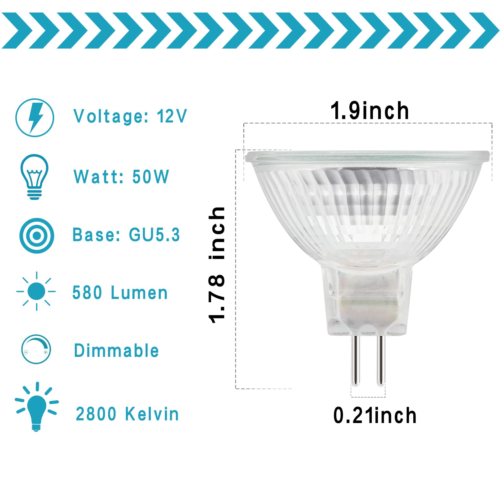EKSAVE MR16 Halogen Light Bulb, gu5.3 Base, 12V 50W 2700K Spotlight, Dimmable, Pack of 6, 50w 6pcs - Image 2