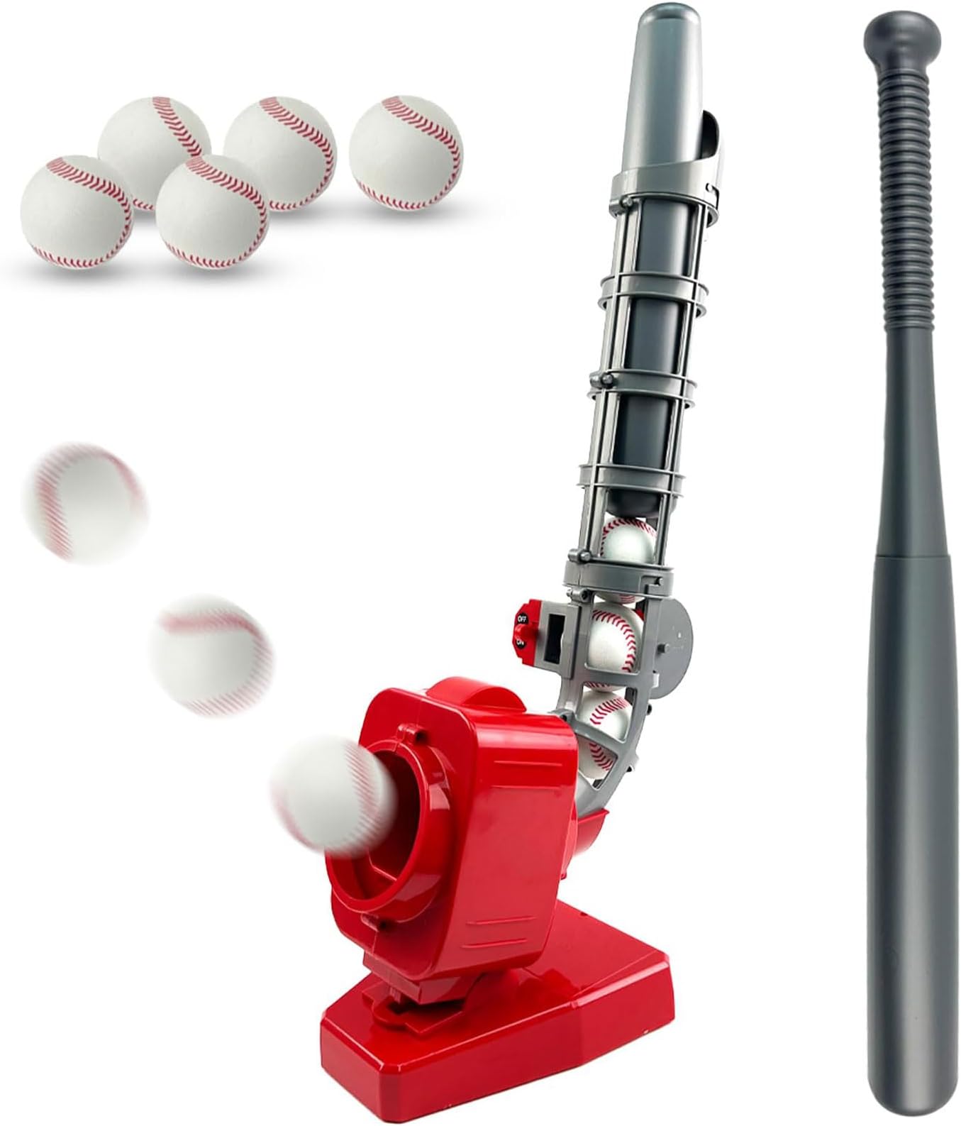 Baseball Pitching Machines, Automatic Baseball Tennis Pitching Machine with 6 EVA Balls, Tennis Racket & Bat, Baseball Throwing Machine, Balls Every 5-7 Seconds, for Kids, Adults