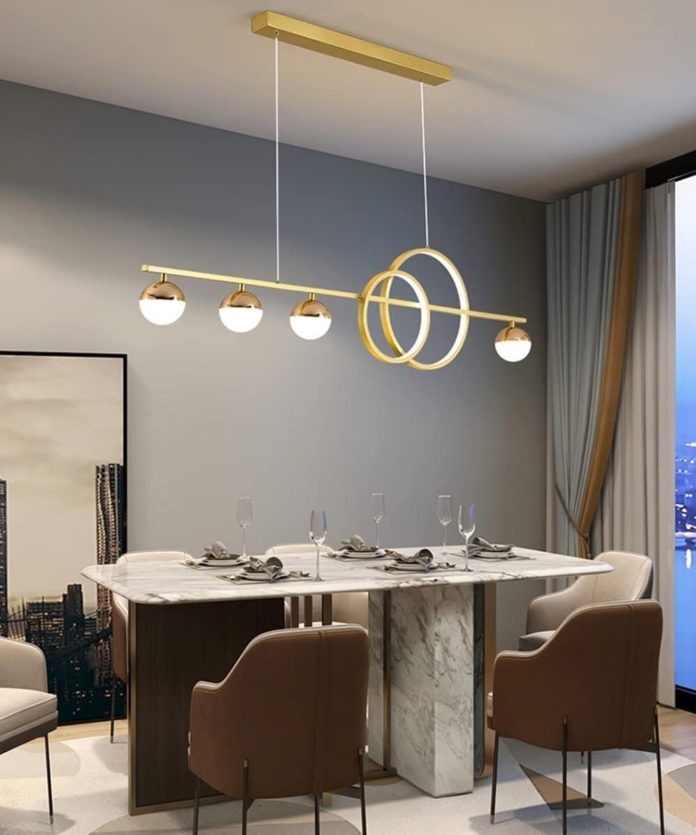 Nowoczesna lampa wisząca LED na wyspę kuchenną, złota, z możliwością ściemniania w paski, 32 W, z pilotem zdalnego sterowania, idealna do jadalni, salonu lub biura.