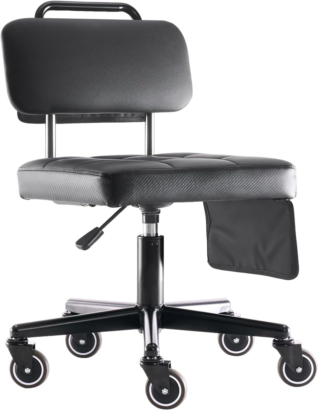 Adjustable Rolling Shop Stool with Tool Bags, Black Padded Seat, TPE Wheels, Real Backrest, Easy Handrail (Bending Work Seat Height(16-21"))