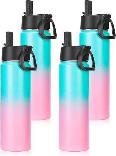 Miniatura 27 de Neihepal Botella de agua aislada de 22 onzas con tapa con popote, botellas de agua de acero inoxidable al vacío de doble pared a prueba de fugas,