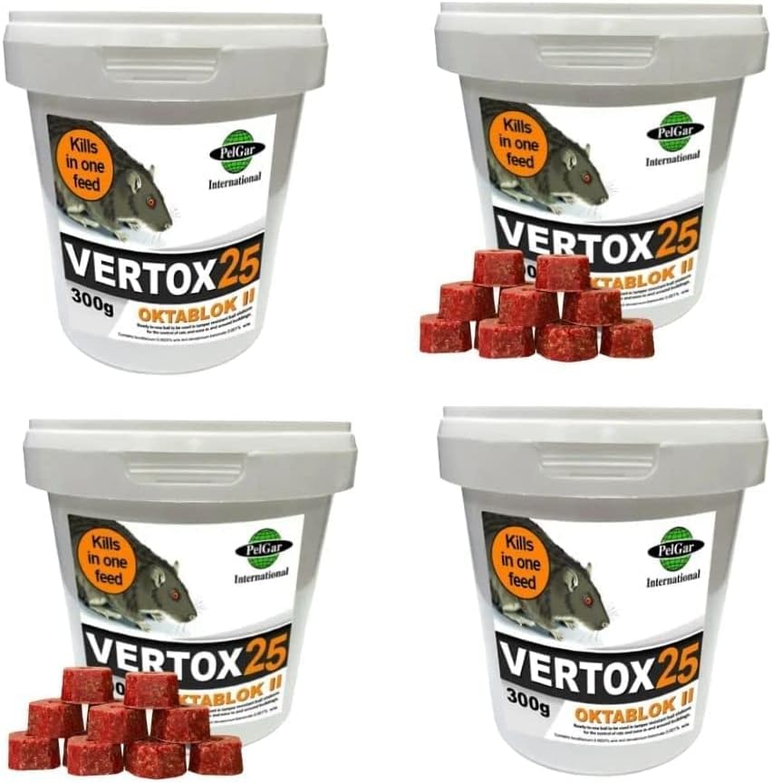 Rat Mouse Mice Killer Single Feed Brodifacoum Poison Bait Fast Acting Blocks All Weather Cost Effective Rodent Control VERTOX 25 OKTABLOK II 300g Tub (Pack of 4)
