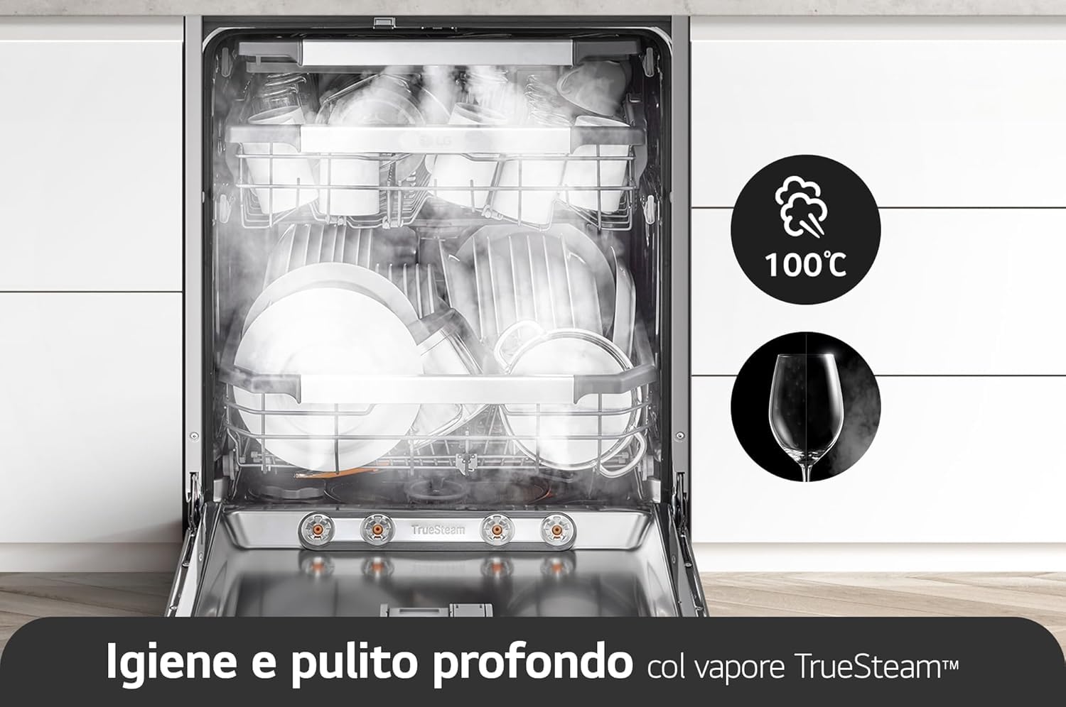 LG QuadWash DB365TXS Lavastoviglie da Incasso a Scomparsa Totale, Serie 3, Classe B, 14 coperti, 4 Bracci Irroratori, Vapore, Cerniere Sliding, Apertura Automatica, 3° Cestello, Wi-Fi, Acciaio