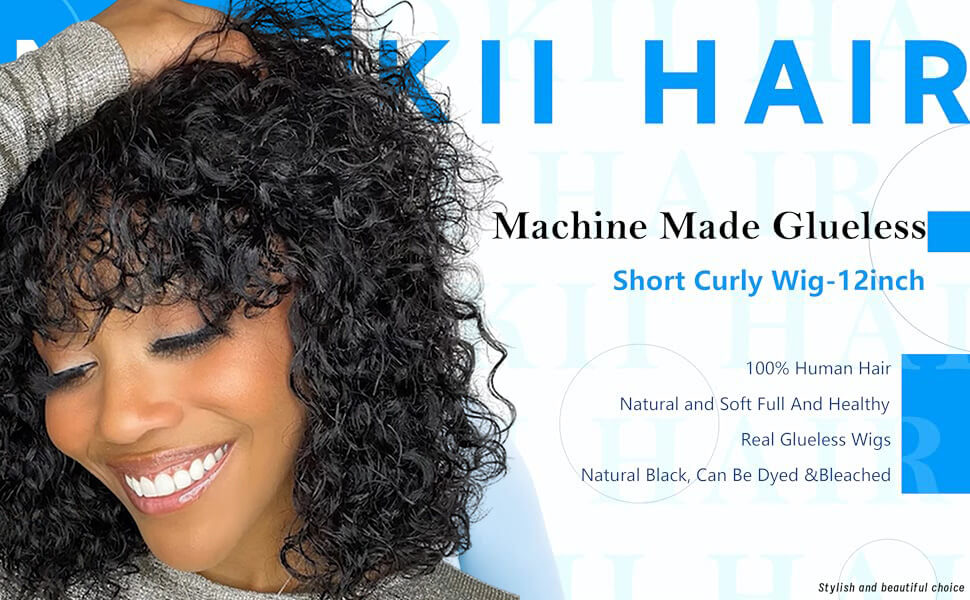 Amazon.com: Mjiokii Short Curly Human Hair Wigs with Bangs  display picture 1