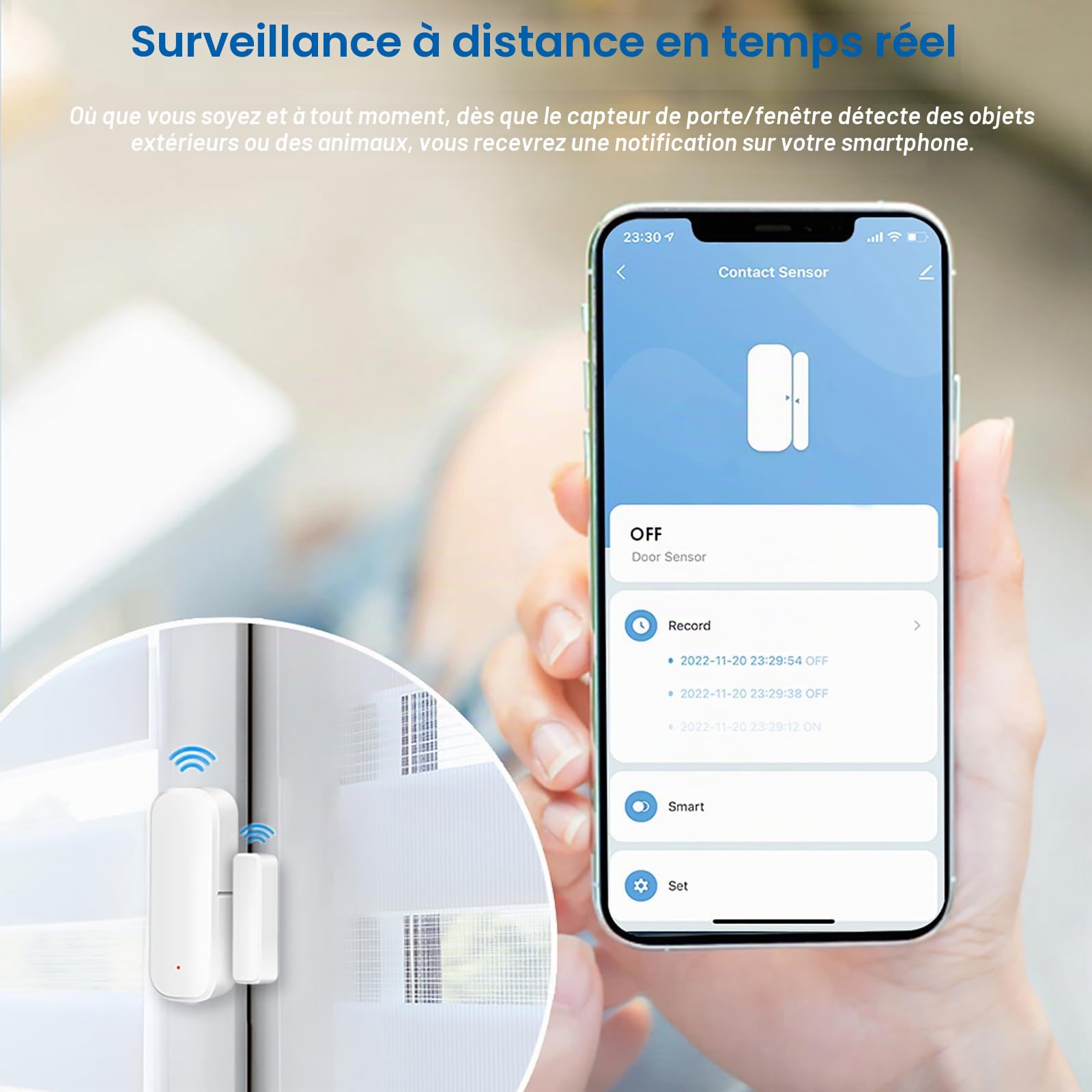 Capteur de porte intelligent 10xWiFi, capteur de fenêtre de porte - Capteur de fenêtre de porte sans fil Tuya, application d'alarme, notifications push, capteur de contact de fenêtre sans fil pour la