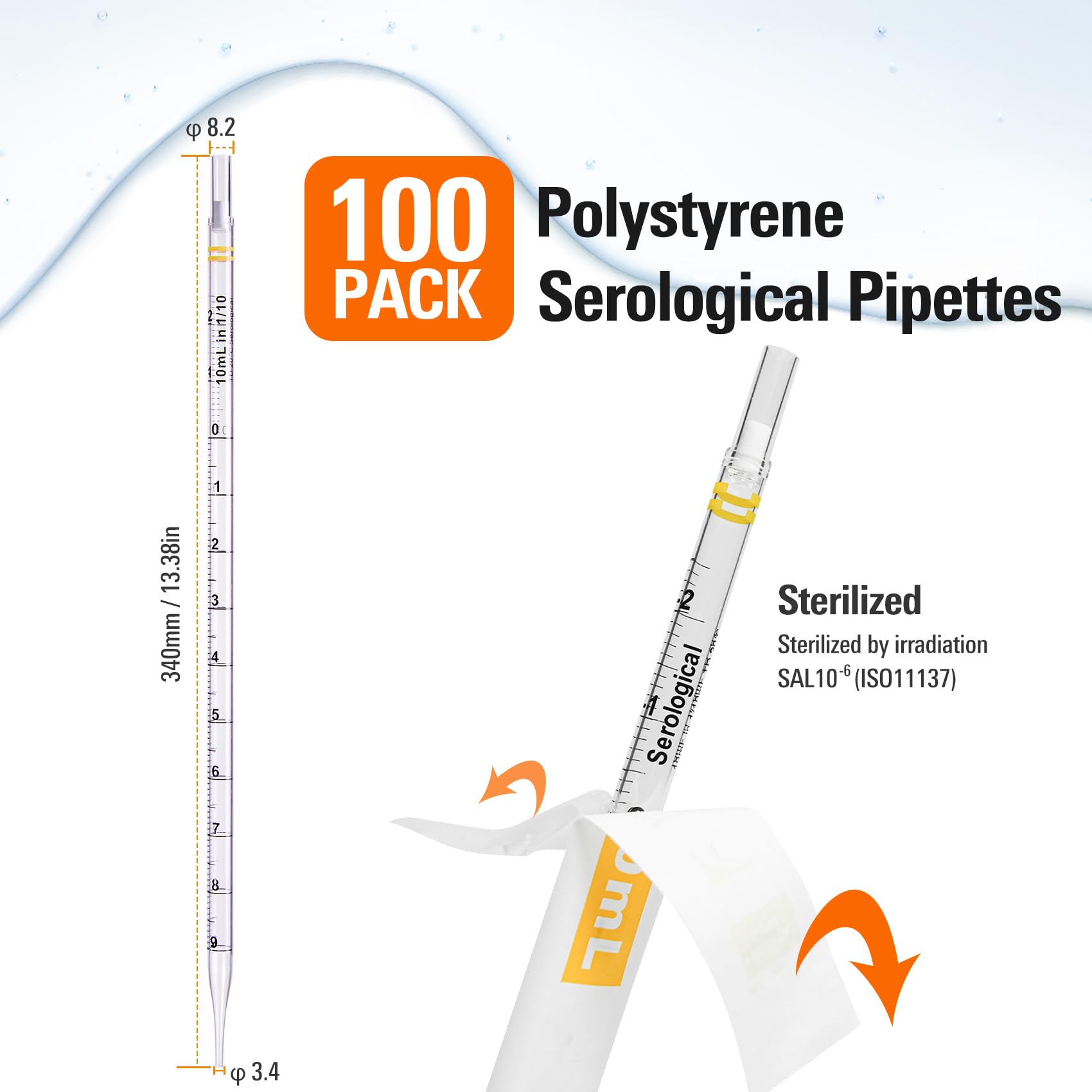 PEKYBIO Pipetas serológicas de poliestireno envueltas individualmente, de plástico estéril, 10 ml, paquete de 100