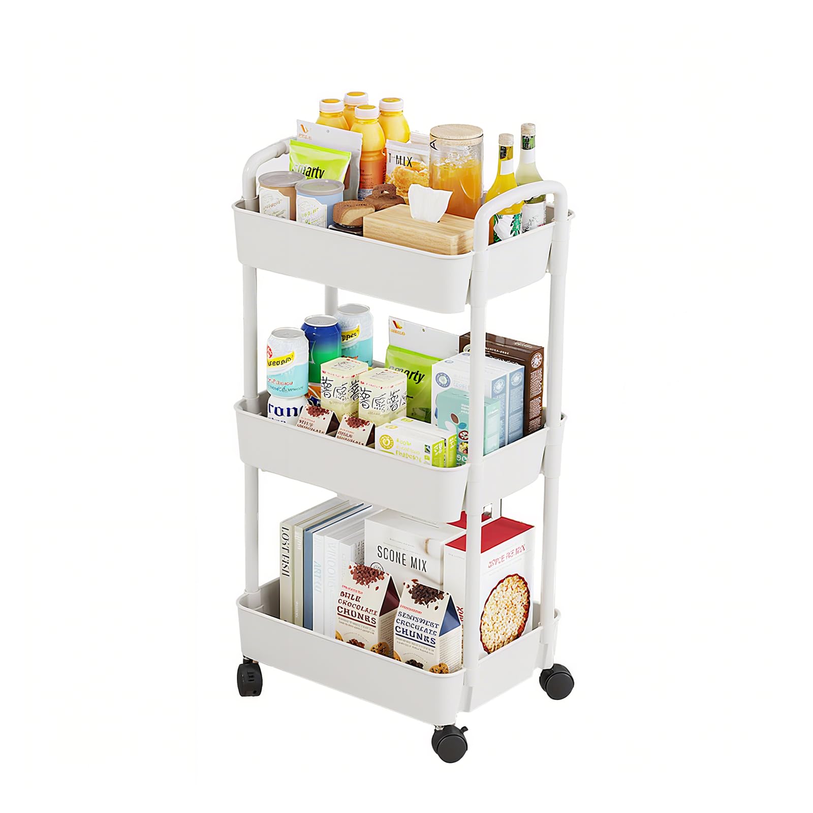 Eidoct Beauty Trolley on Wheels 3 Tier Storage Trolley with handle Space-Saving Beauty Trolleys Rolling Utility Cart Craft Trolleys on Wheels for Home Kitchen Bathroom Laundry Office White