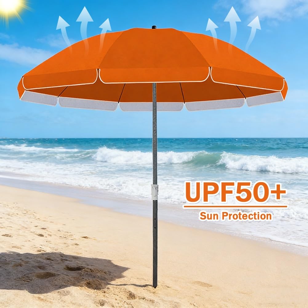 Ombrellone da Spiaggia Regolabile in Altezza con Protezione Solare, Tessuto Impermeabile con Rivestimento Argentato, Ombrellone da Esterno Arancione