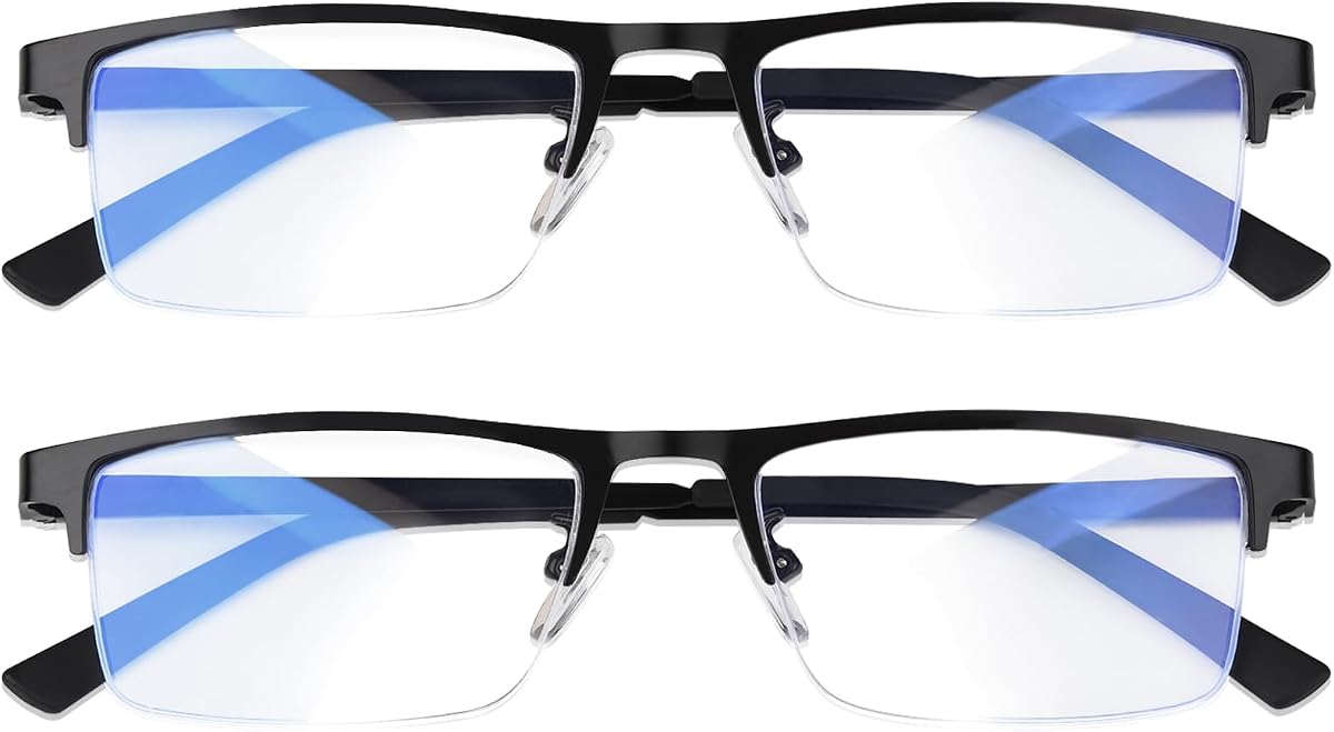 Gafas de bloqueo de luz azul de metal, gafas de lectura/computadora/juegos/teléfonos | Anteojos de medio marco con bisagras de resorte, filtro UV que alivian la fatiga visual, anteojos antideslumbrantes con bloqueo de luz azul (2 piezas negras)