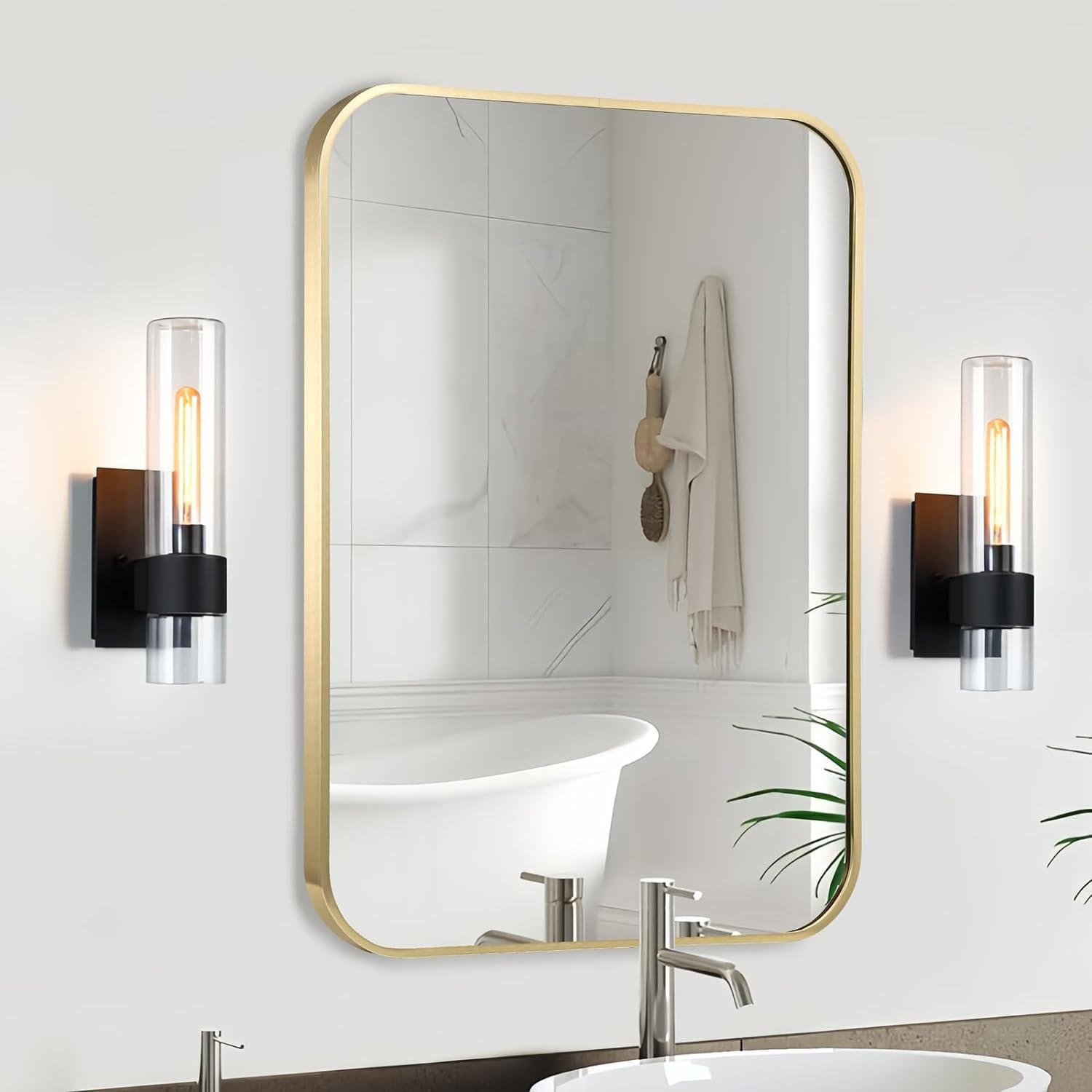 CLBA Gold Bathroom Mirror, 26x38 Inch Brushed Gold Mirror, Aluminum Alloy Framed Vanity Mirror, Rounded Rectangle Mirror for Over Sink, Anti-Rust Wall Mirror (Horizontally or Vertically)