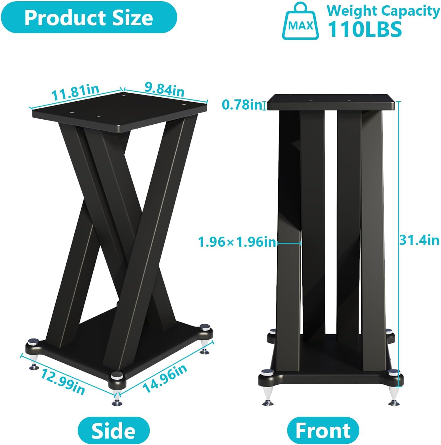 Heavy Duty Speaker Stands Pair, Reduce Vibrations Large Speaker Stands Holds 110lbs, High-Density Board, Anti-Slip & Non-Vibration Satellite Speaker Stands for Home Theater/Studio (Black, 31.4in)