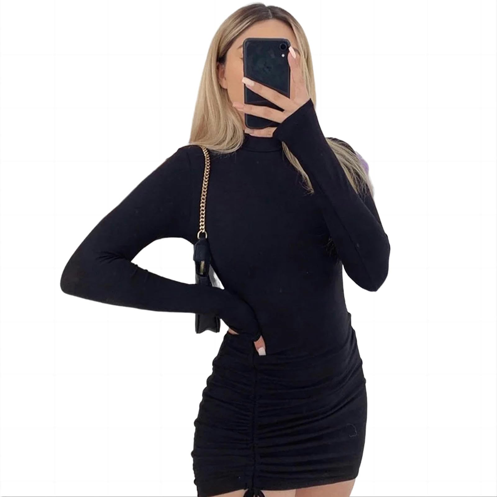 Vestito Donna Corto Abiti da Corpo Arricciati A Maniche Lunghe Donne Turtleneck Bandage Mini Abiti