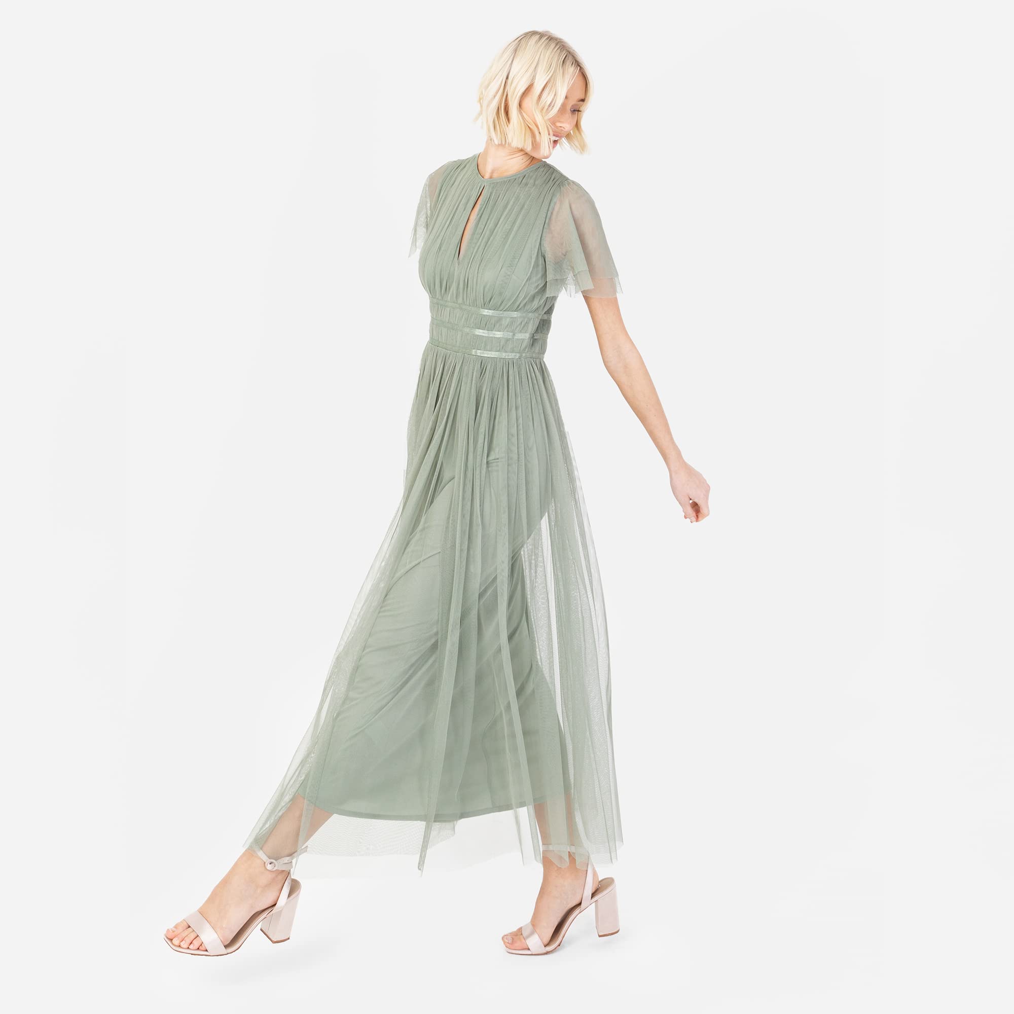Ladies Midaxi Dress for Women High Waist Keyhole Short Flutter Sleeve Crew Neckline for Wedding Guest Bridesmaids Prom