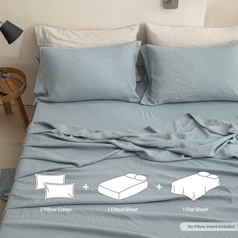 Simple&Opulence Set di lenzuola in 100% lino, in tinta unita, 4 pezzi di lenzuola in lino francese lavato (1 lenzuolo piano, 1 lenzuolo con angoli, 2 federe), set di biancheria da letto traspirante
