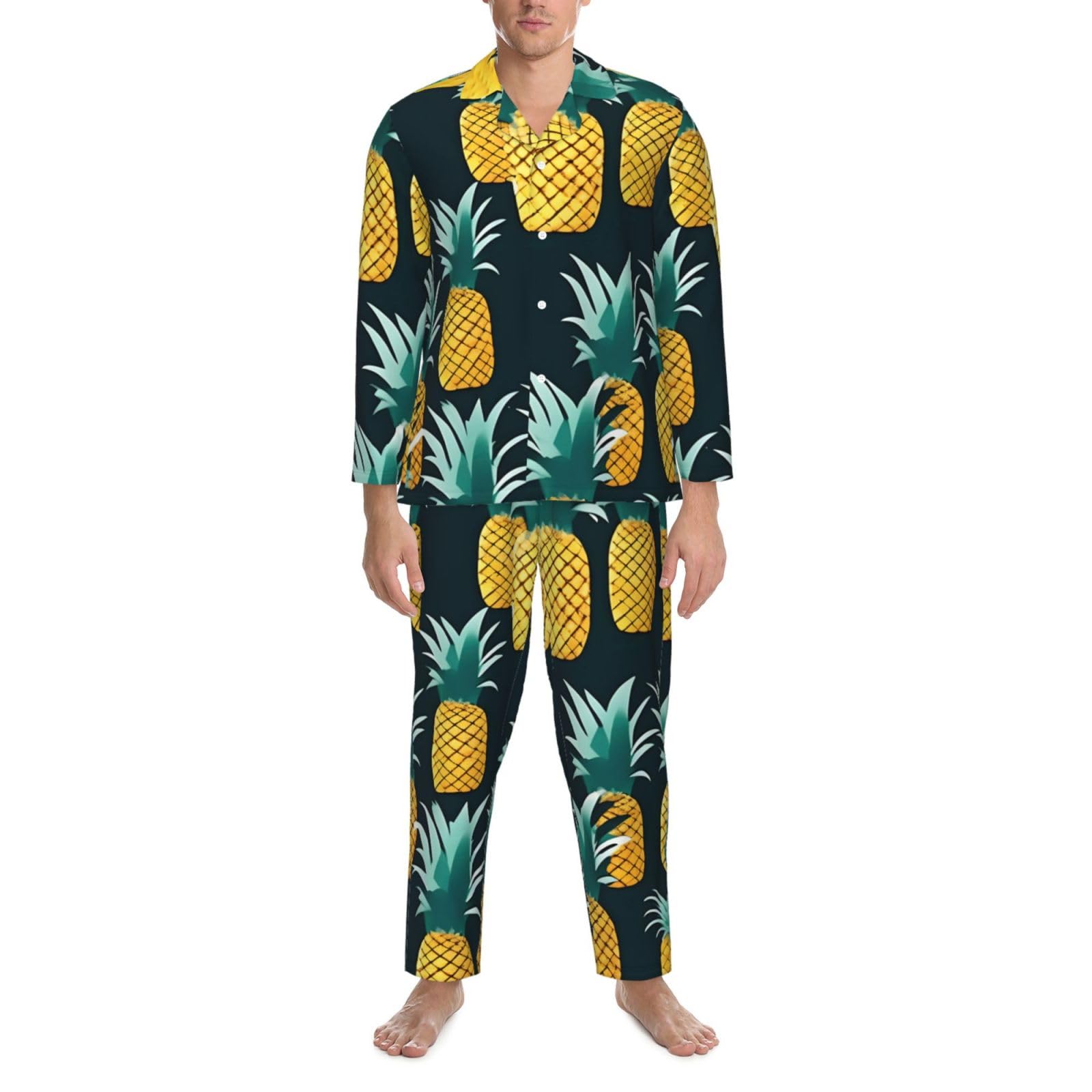 Herren-Pyjama-Set mit Ananas-Druck, langärmelig, zweiteilig, Hauskleidung, bequeme Nachtwäsche