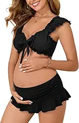 Biquíni de maternidade, cintura baixa, saia de natação com laço e laço de duas peças, mangas bufantes, vestido de banho para gravidez