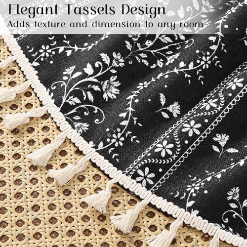 Image of Yinhua Boho Curtains for Living Room 84 Inch Length Vintage Linen Curtains for Bedroom Light Filtering Floral Window Curtain Rod Pocket & Back Tabs Rustic Tassel Drapes with Tiebacks, Black