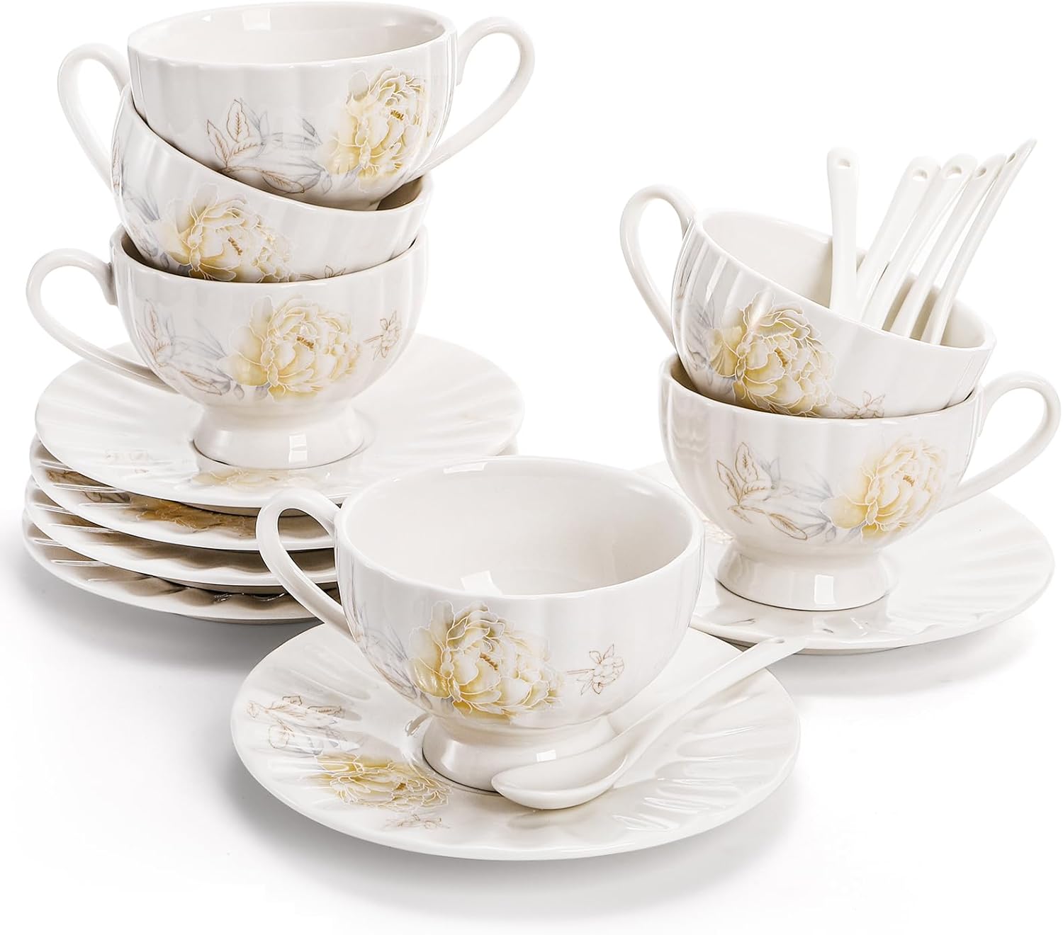 Tea Cups and Saucers Set of 6, 7 Oz Floral Tea Cups, White Porcelain Tea Cup with Saucer, British Coffee Cups Sets for Women Teas Party, Cappuccino, Latte, Microwave Safe