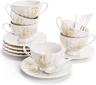 Tea Cups and Saucers Set of 6, 7 Oz Floral Tea Cups, White Porcelain Tea Cup with Saucer, British Coffee Cups Sets for Women Teas Party, Cappuccino, Latte, Microwave Safe