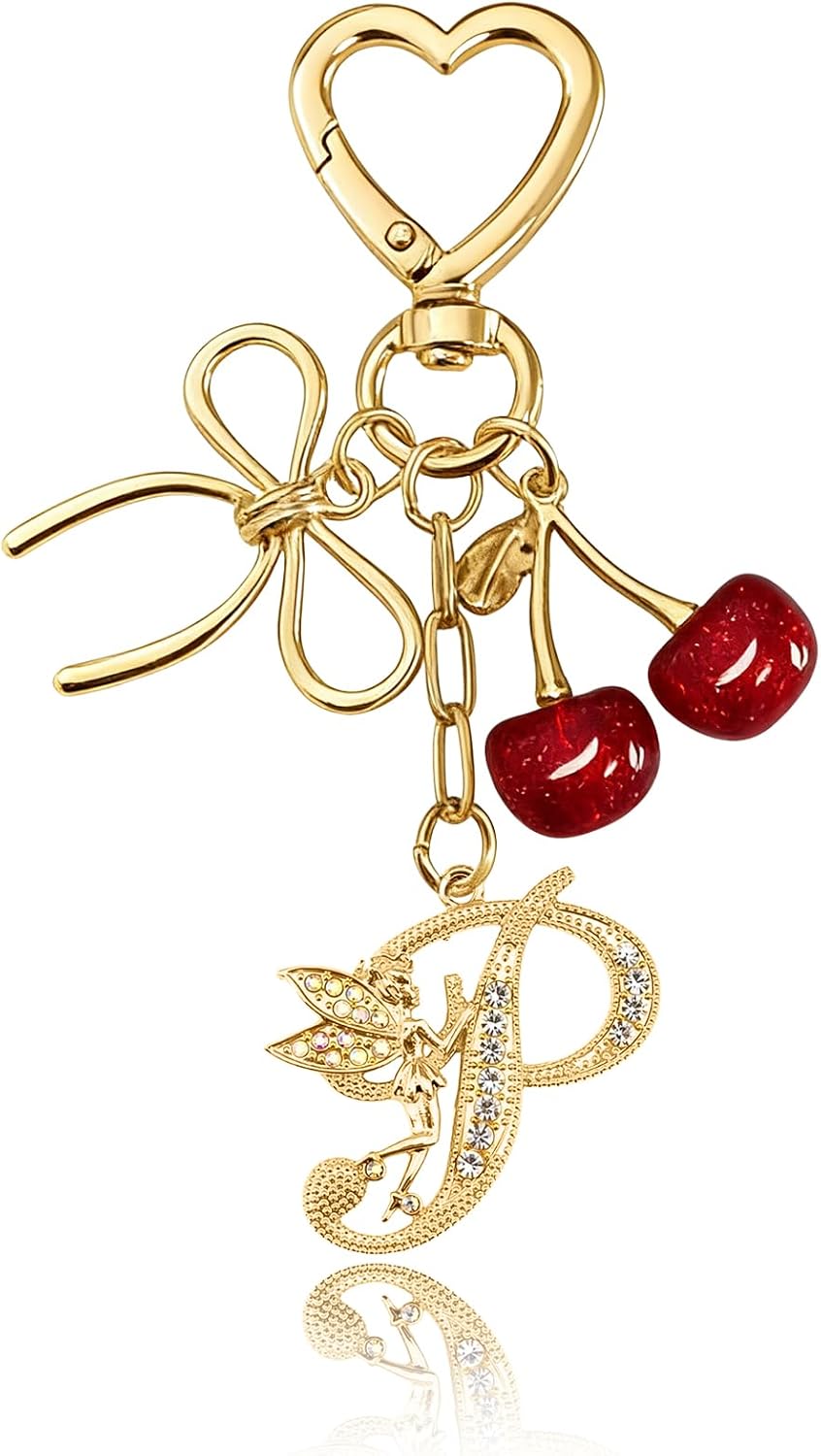 Initial Keychain with Bow and Cherry,Gold Letter Bag Charms for Women,Cute Purse Handbag Accessories