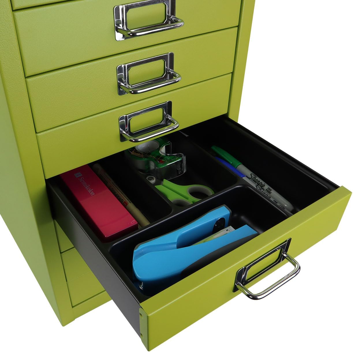 10-Drawer Steel MultiDrawer Cabinet - Bisley Green, Chrome Pull Handles with Label Holders, Powder-Coated Steel, Removable Drawers, Fits Under Most Desks, Labels Included by Bisley 10 Drawer Bisley Green