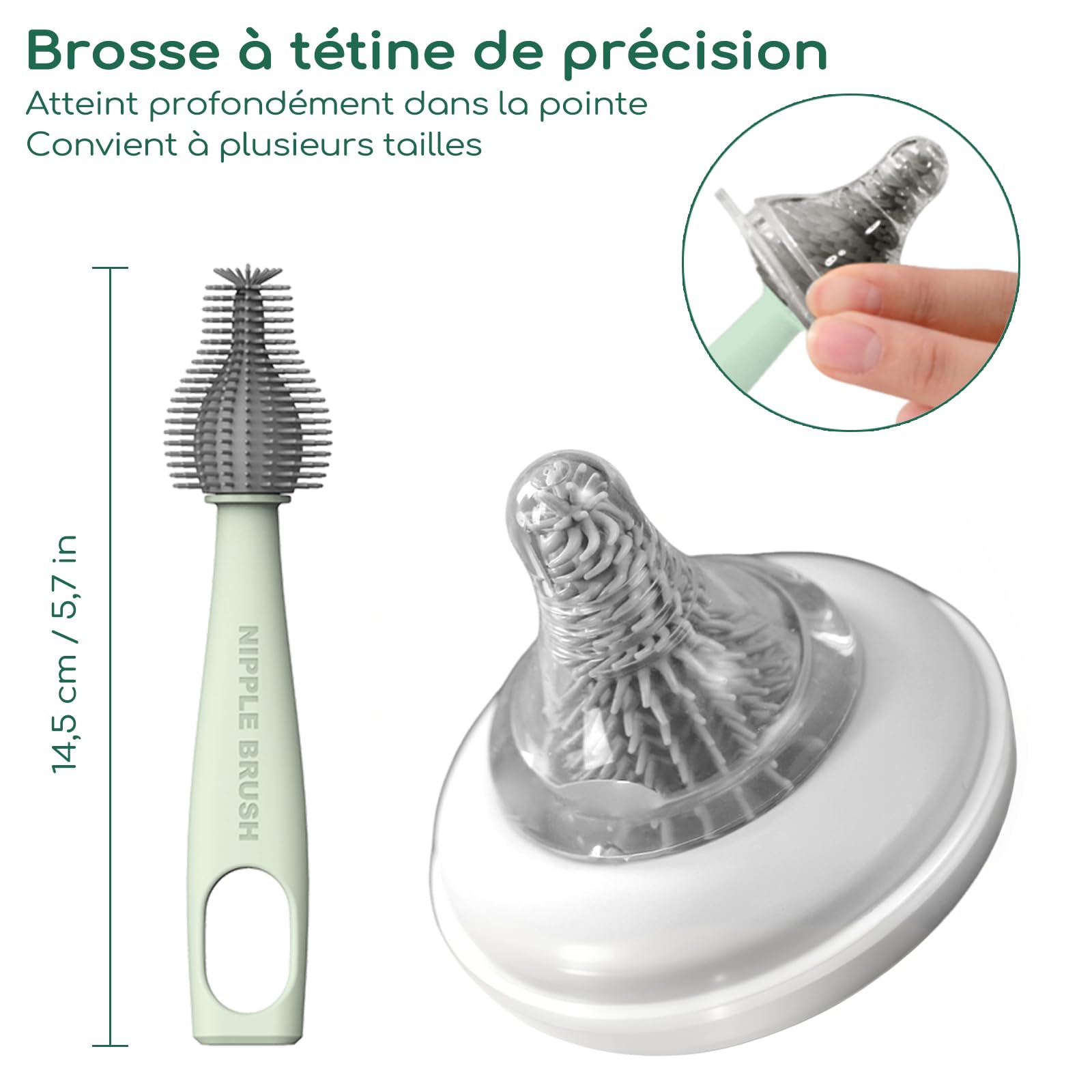 Goupillon Biberon Silicone, Kit Nettoyage Voyage INCL. Brosse pour Biberon, Tétine, Paille, Distributeur, Egouttoir Intégré, Étui, Nettoyeur Biberon Portable Prêt pour Sortie Bébé (Vert Sauge)