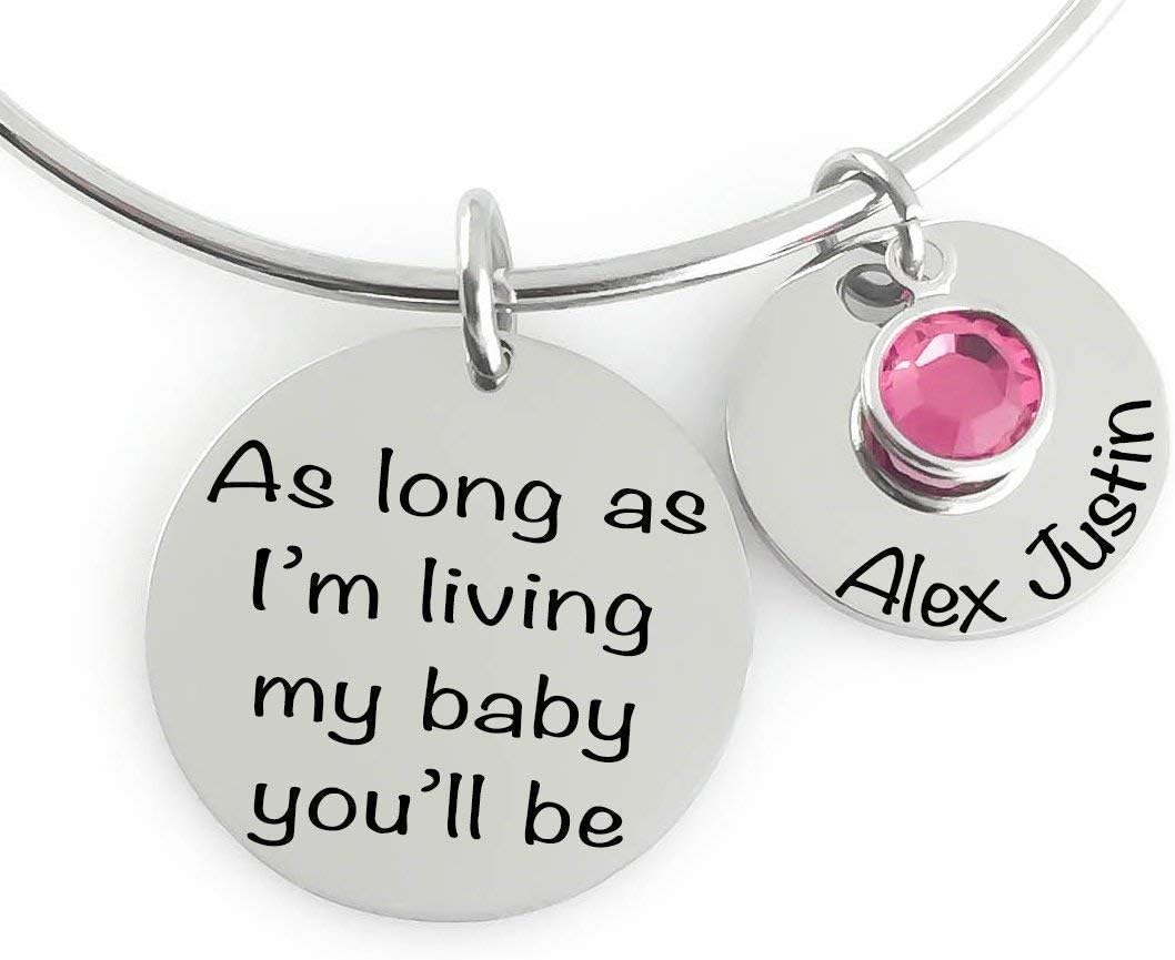 Mothers Day Gift - Bangle - As long as I'm living my baby you'll be - Kids Name Pendants and Birthstone Crystals - Valentines, Mom, Grandma Gift