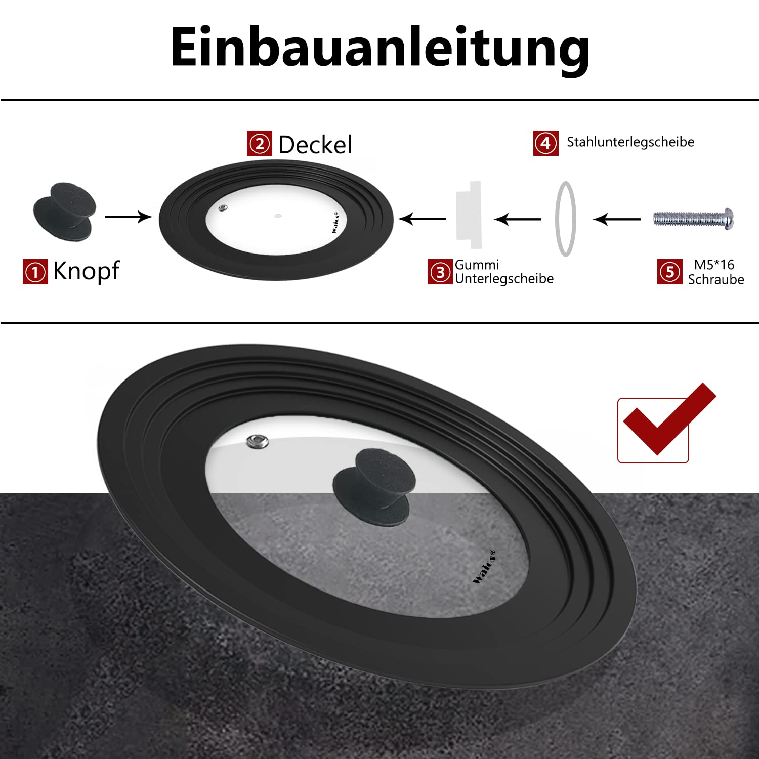 Walfos Couvercle universel Ø 30, 28, 26, 24 et 20 Couvercle en verre pour casseroles, poêles avec bord en silicone gradué, Couvercle pour poêles et casseroles, Couvercle de casserole résistant à la