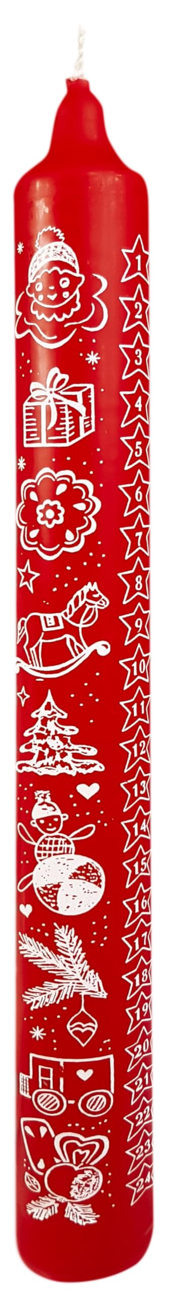 12 x Adventskalenderkerze in Folie rot, weißer Siebdruck, Größe 30x 300 mm, '24 Tage Kerze'