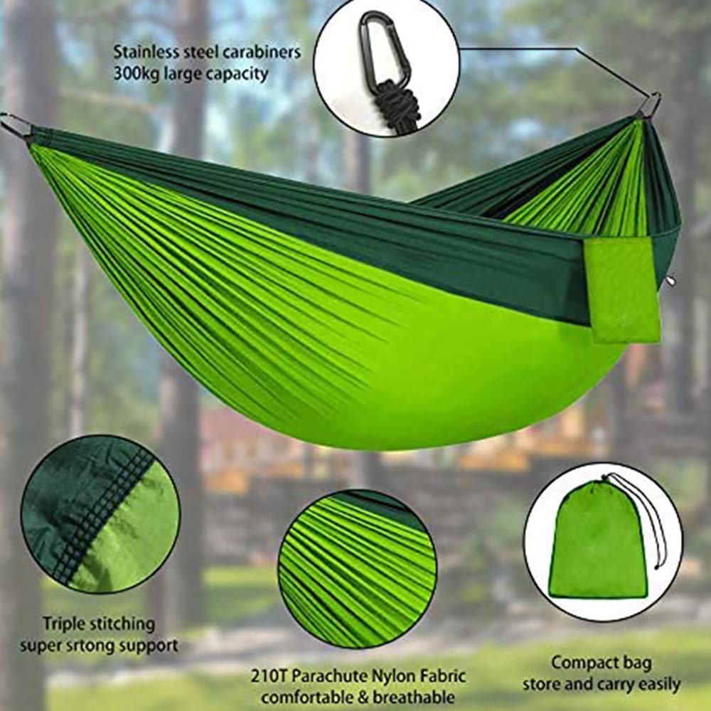 TopHomer Hamaca de camping ligera para exteriores, color verde y gris, 270 x 140 cm, hamaca de nailon portátil para 2 personas