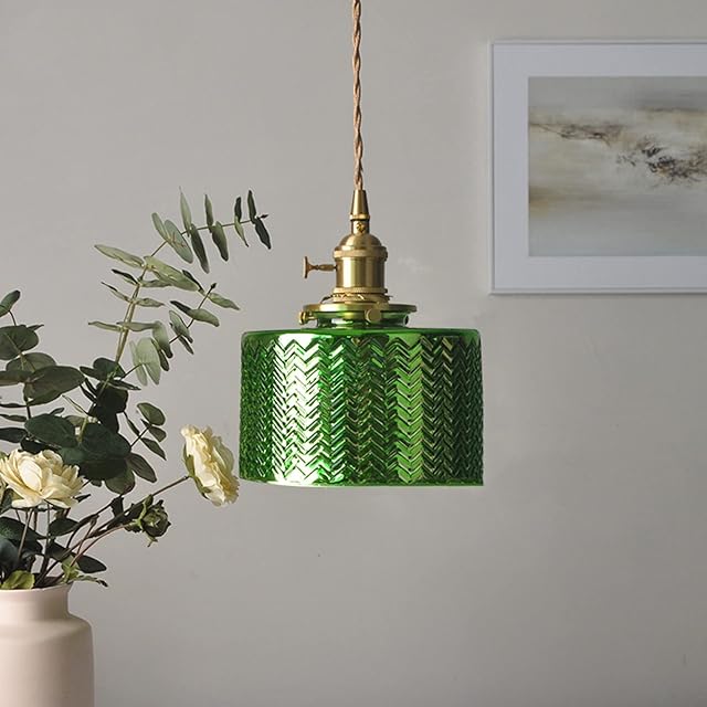 KRIPINC Green Glass Pendant Lighting Ceiling, Glass Pendant Light, Vintage Green Light Shade, Green Hanging Lights for Living Room Bedroom, Dia 17cm