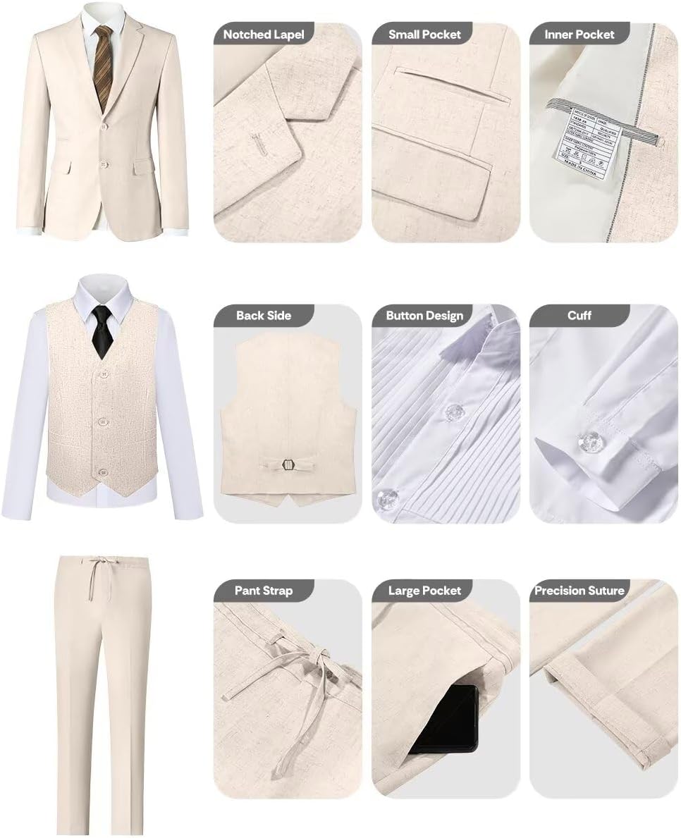 Retro Linen Boys Suit 5 Piece Slim Fit Jacket Vest Pant Boy Suits Kids Tux