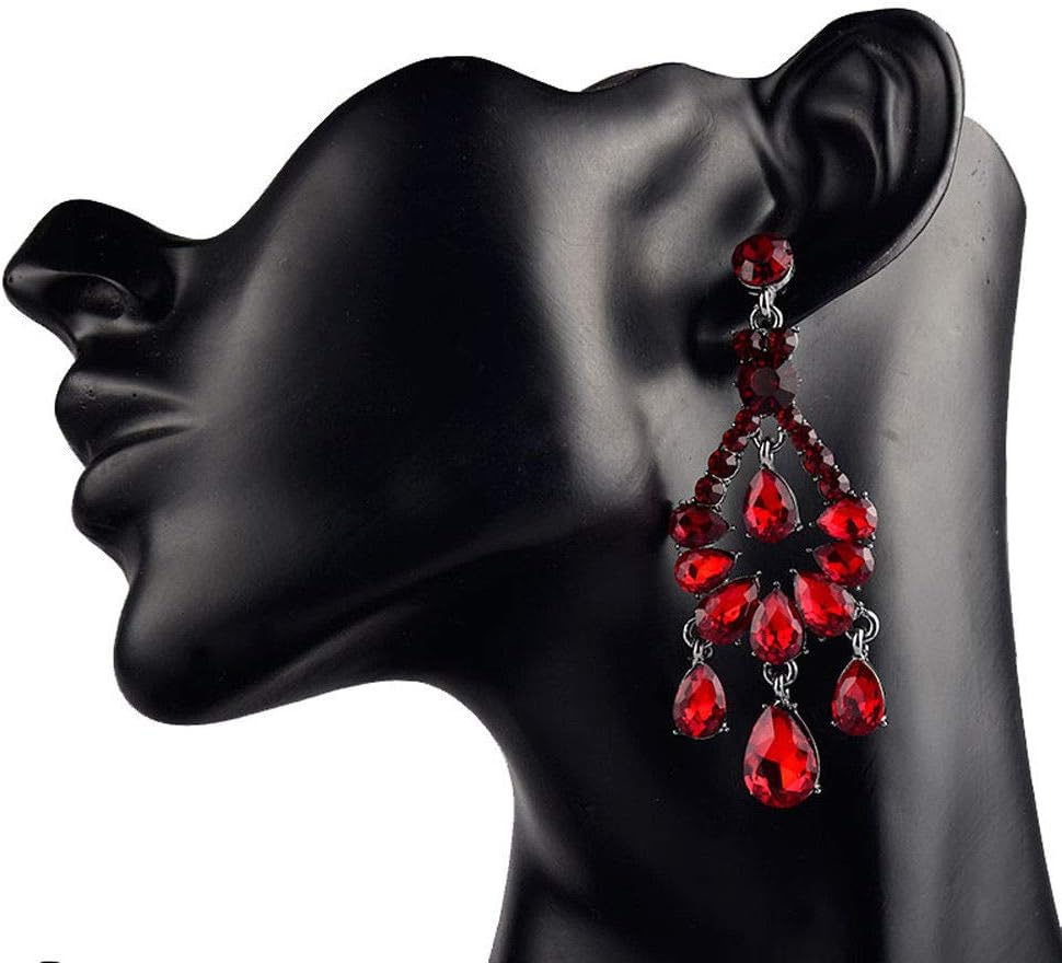 Long Art Deco Vintage Antique Retro Style Scarlet Garnet Ruby Red Rhinestone Bridal Wedding Prom Pageant Statement Chandelier Earrings - Image 2