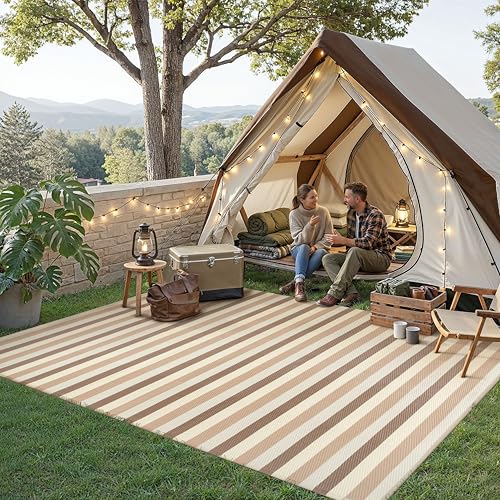 Outdoor Waterproof Patio Rug 9x12 Plastic Straw Reversible Outside Brown/Beige Striped Carpet Lightweight Large Rug for Camping RV Porch Deck Balcony Beach 9' x 12' (Rectangular) Stripe | Br