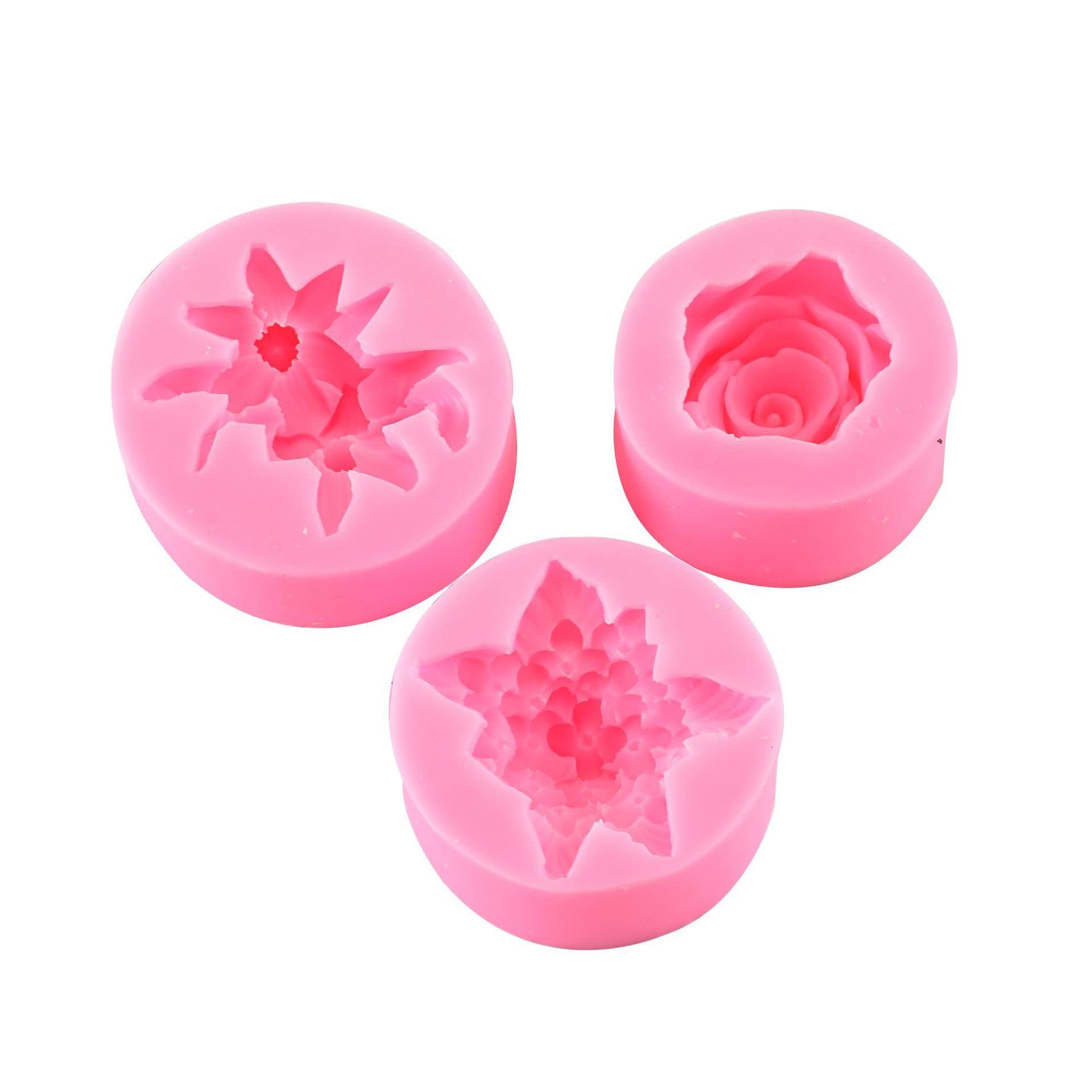 PEIQICHU Set 3 Flower Shape Silicone Candle Soap Making Mold Rose Lilies Lilac Cake Decorating Fondant Chocolate Candy Baking Mould for Birthday Wedding Party Handmade Clay Craft DIY Sugarcraft Gift