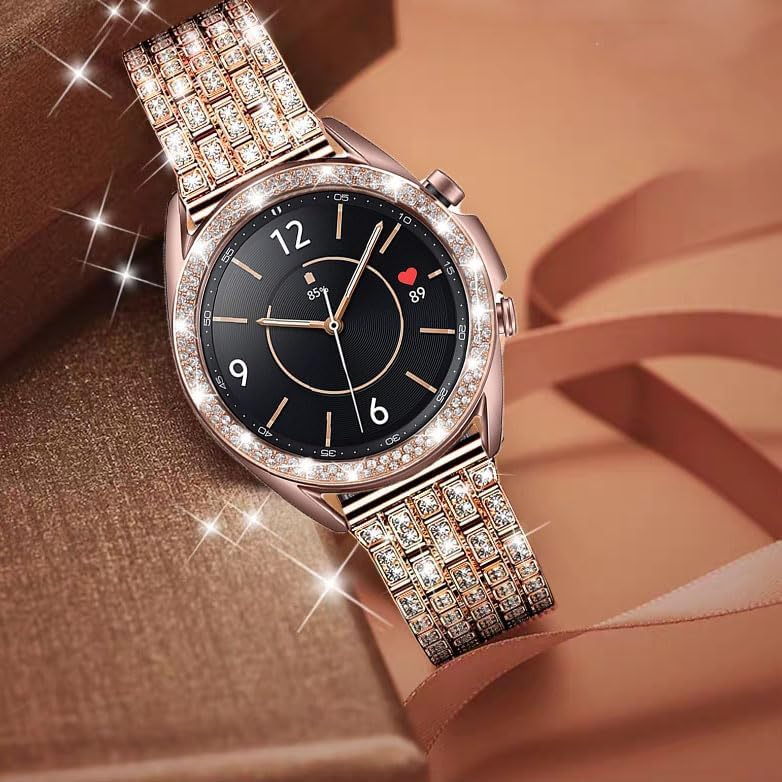 Bands Compatible with Samsung Galaxy Watch 3 (41mm), 20mm Luxury Diamond Stainless Steel Metal Bracelet with Rhinestone Bezel Ring Case Cover Replacement for Women Men - Image 3
